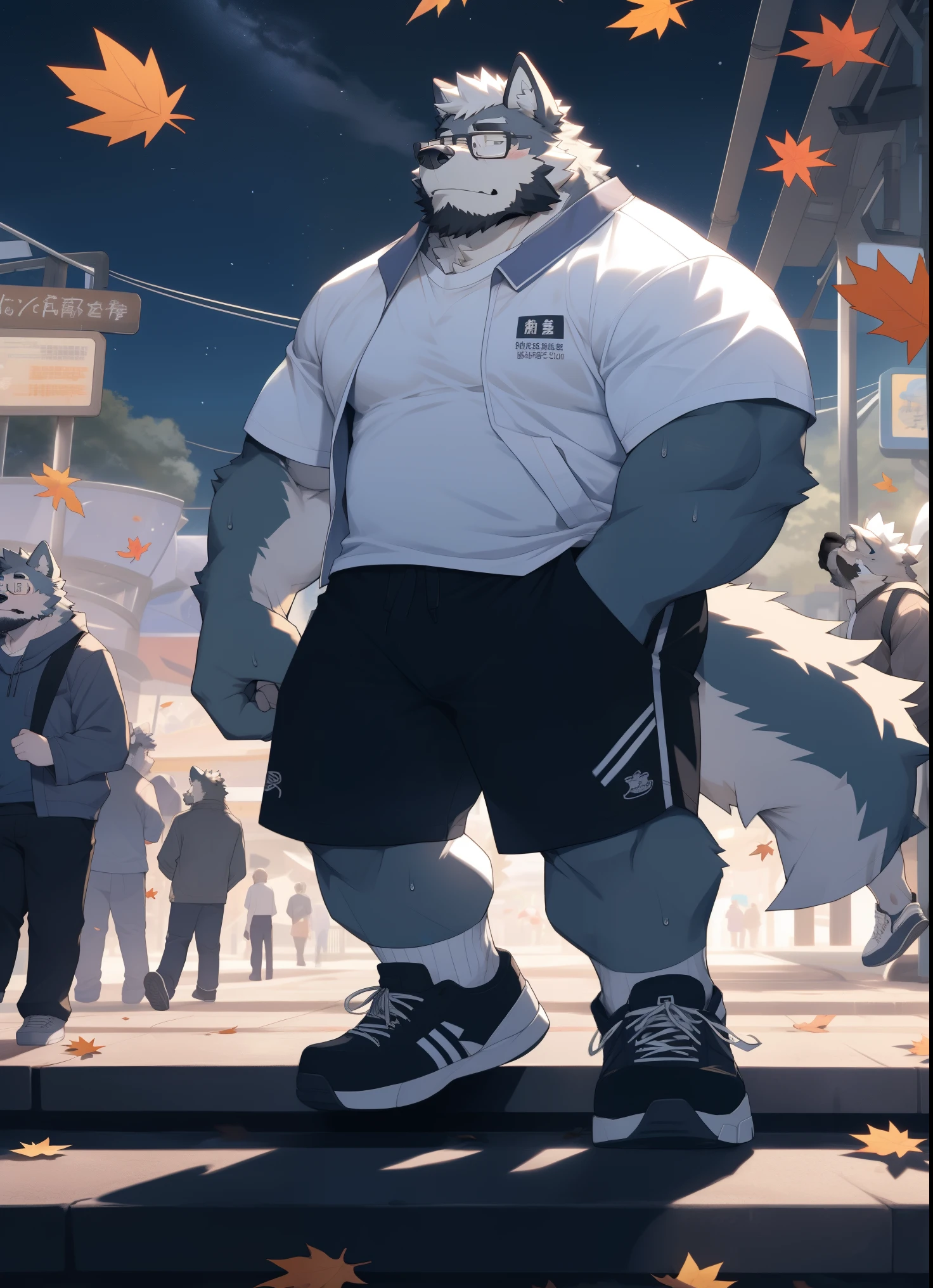 hairy,(Wolf,Black-rimmed glasses,White short sleeves,Gray long sleeve shirt jacket,rolled up sleeves,sweat shorts,white socks,Board shoes),beard,white fur,male,Common,full body picture, dynamic poses,amusement park,Around the corner,Fall to the ground,shy expression,fallen leaves,night,dark night,detailed background,极其lifelike阴影,masterpiece,Very detailed,lifelike