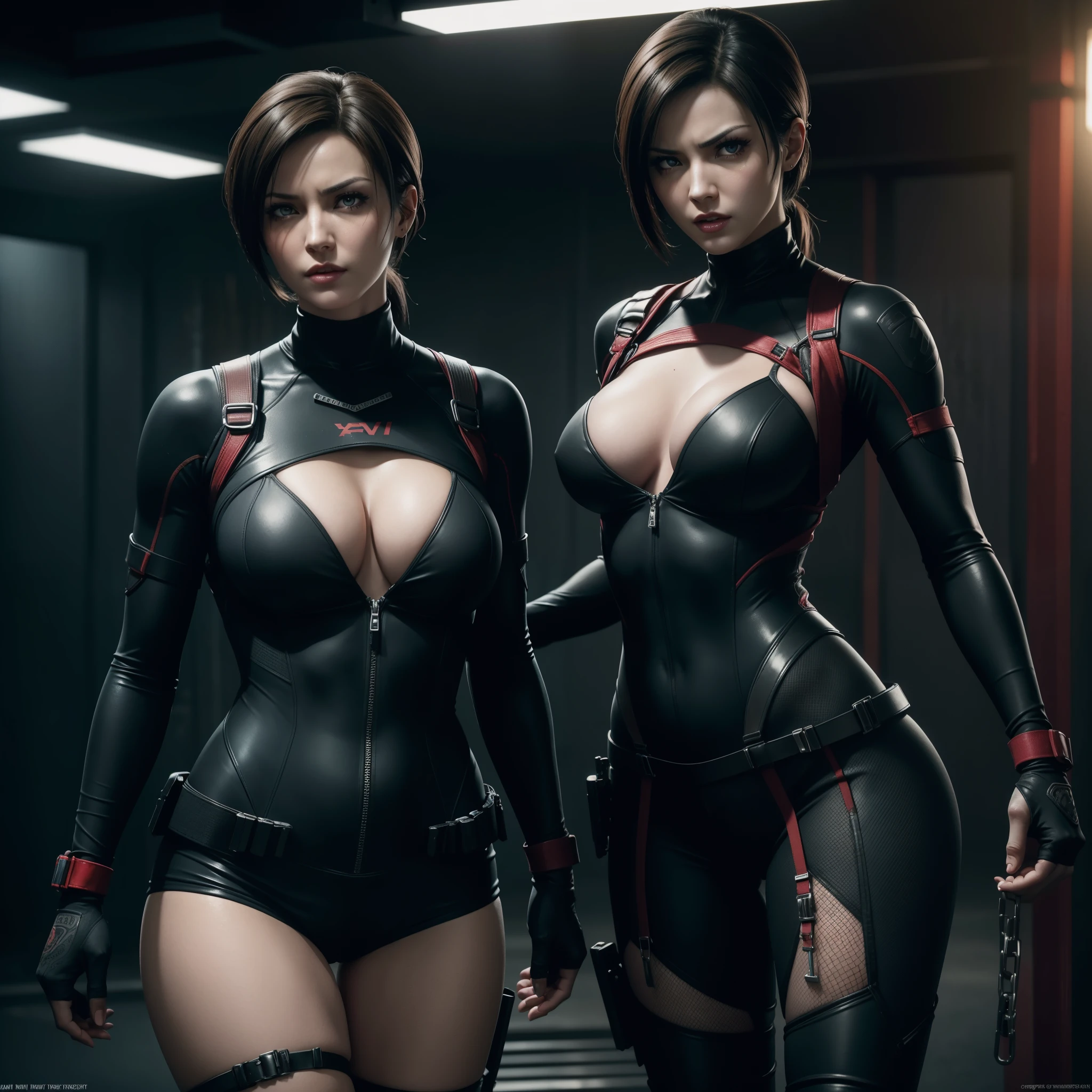 sexy Ada Wong and Jill Valentine from Resident Evil, surrounded by zombies, looking into the camera with fear on her face, looking at the viewer with surprise and anger, angry face expression, full body shot, shot from head to toes, shot from behind, she is wearing sexy tight battle wetsuit with corsait, high overknee boots and high heels, pistol tight holster, wearing a vivid lipstick and makeup, her hands are crossed behind her backs, hands covered with chains, bondage, shibari, hands handcuffed, hands tied up, ((detailed skin texture)), ((high detail face)), seductive pose, full body shot, (realistic photo), (best quality), (detailed), HDR, (8k), (wallpaper), (cinematic lighting), (dramatic lighting), (sharp focus), (intricate), RAW photo, posing for camera, 8k uhd, high quality, film grain, by Craig Morey, from behind