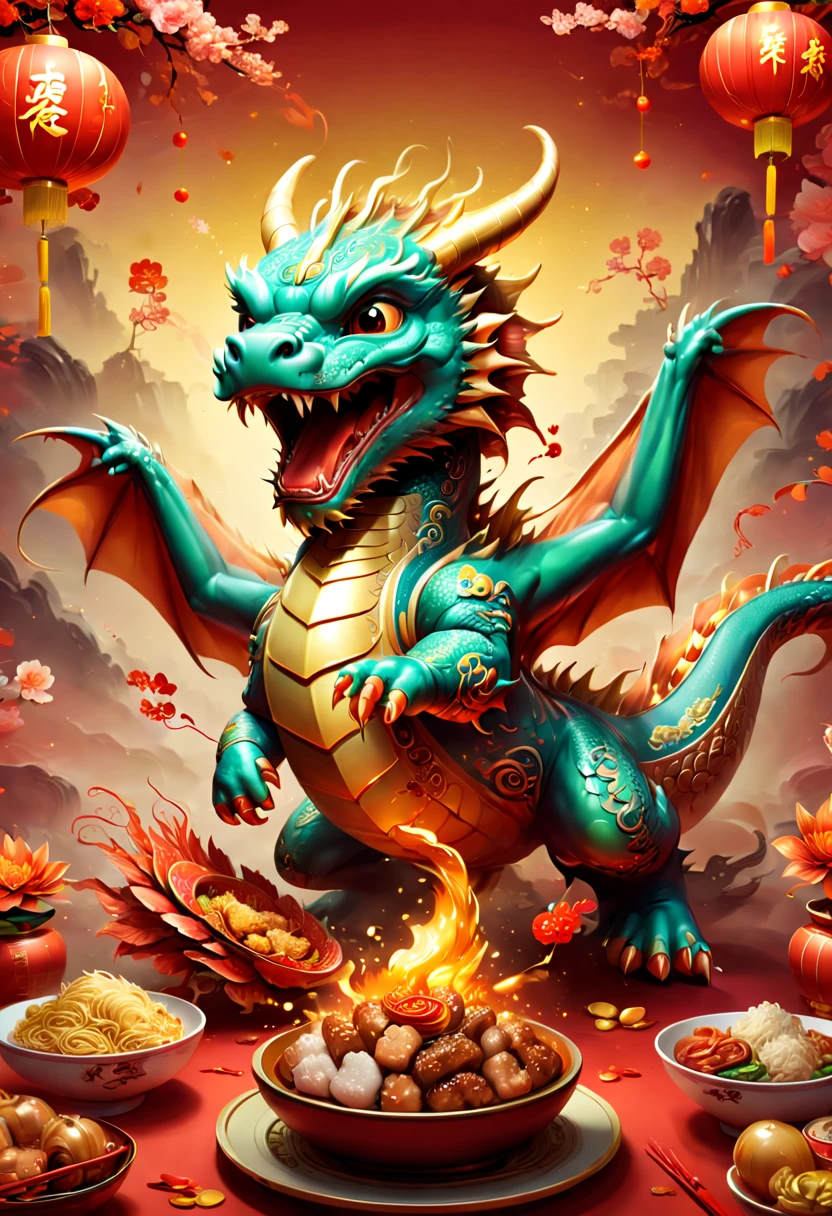 dynamic illustration, Chinese New Year 2024, dragon cub, Chinese food, strong festive atmosphere, Chinese elements, (best quality, masterpiece, Representative work, official art, Professional, 8k)