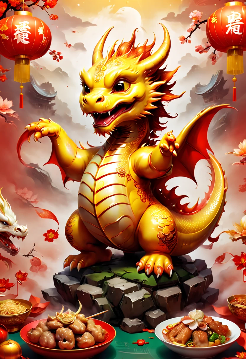 dynamic illustration, Chinese New Year 2024, dragon cub, Chinese food, strong festive atmosphere, Chinese elements, (best quality, masterpiece, Representative work, official art, Professional, 8k)