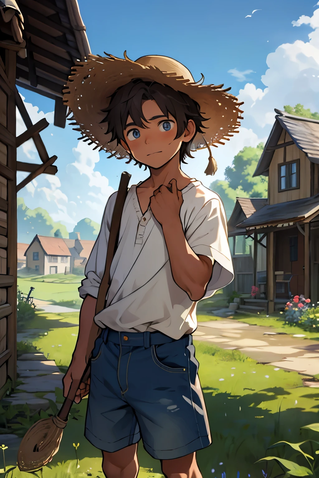In the heart of a quaint village, nestled amongst verdant fields and serene landscapes, there stands an innocent boy, the protagonist of our canvas. With rosy cheeks and sparkling blue eyes, he wears a simple linen shirt, the sleeves rolled up to reveal the purest of intentions. His shorts, a faded denim, are stained with the earthy hues of his rustic surroundings. A straw hat, slightly askew, covers his sun-kissed locks. In his hands, he holds a staff, an extension of his childhood curiosity and the embodiment of his courage. The gentle breeze playfully tousles his hair as he gazes up at the sky, a look