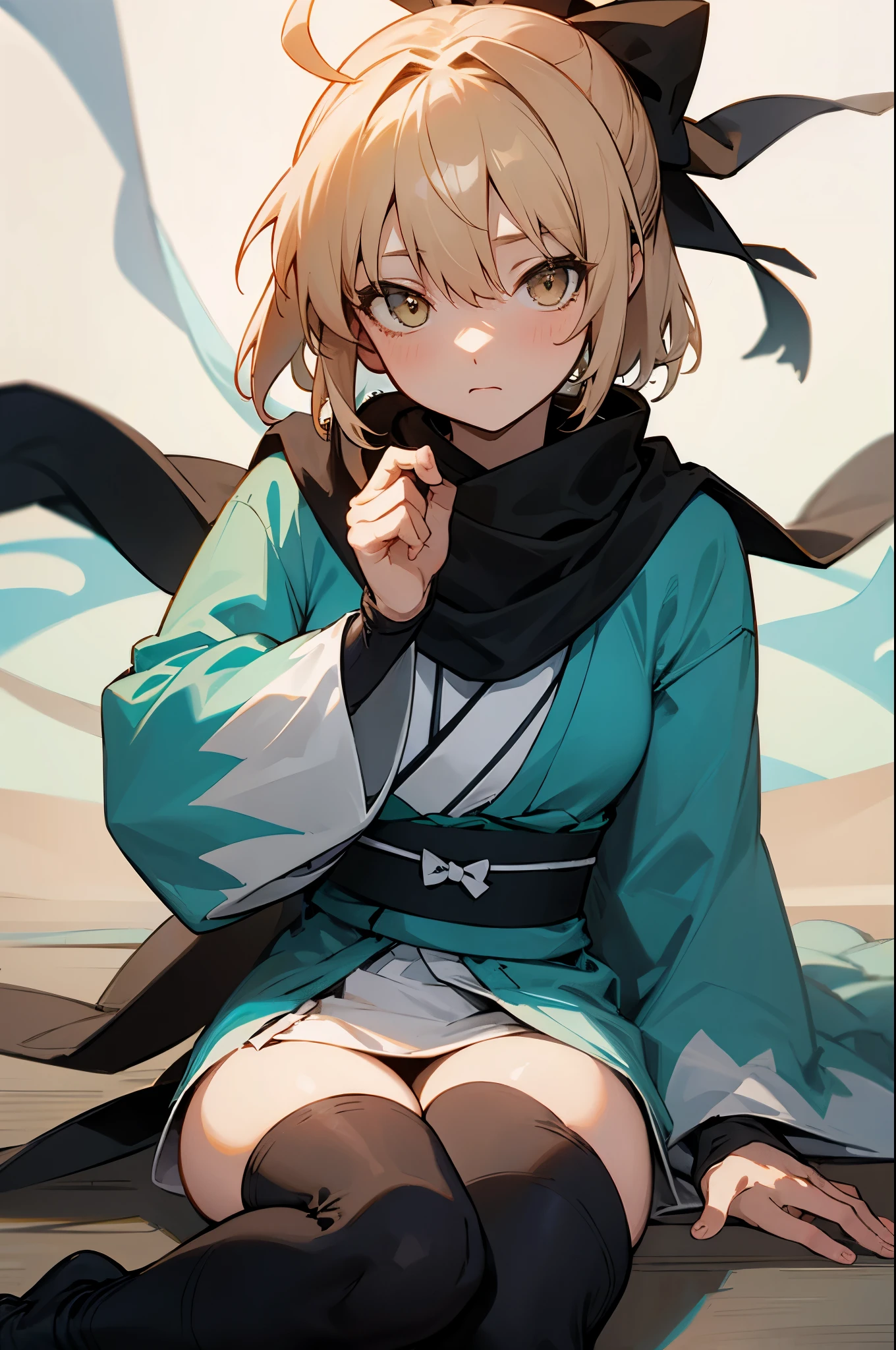 (masterpiece), best quality, expressive eyes, perfect face, highres, 1 girl  solo, okita souji, ahoge, arm guards,wide sleeves,toeless legwear,bangs,obi, white kimono, shinsengumi, black thighighs, yellow eyes,thighhighs , short kimono, haori, black bow, black scarf, short hair, ahoge, scarf, blonde hair, hairbow,bow, kimono,japanese clothes, sitting, portrait, looking at the viewer