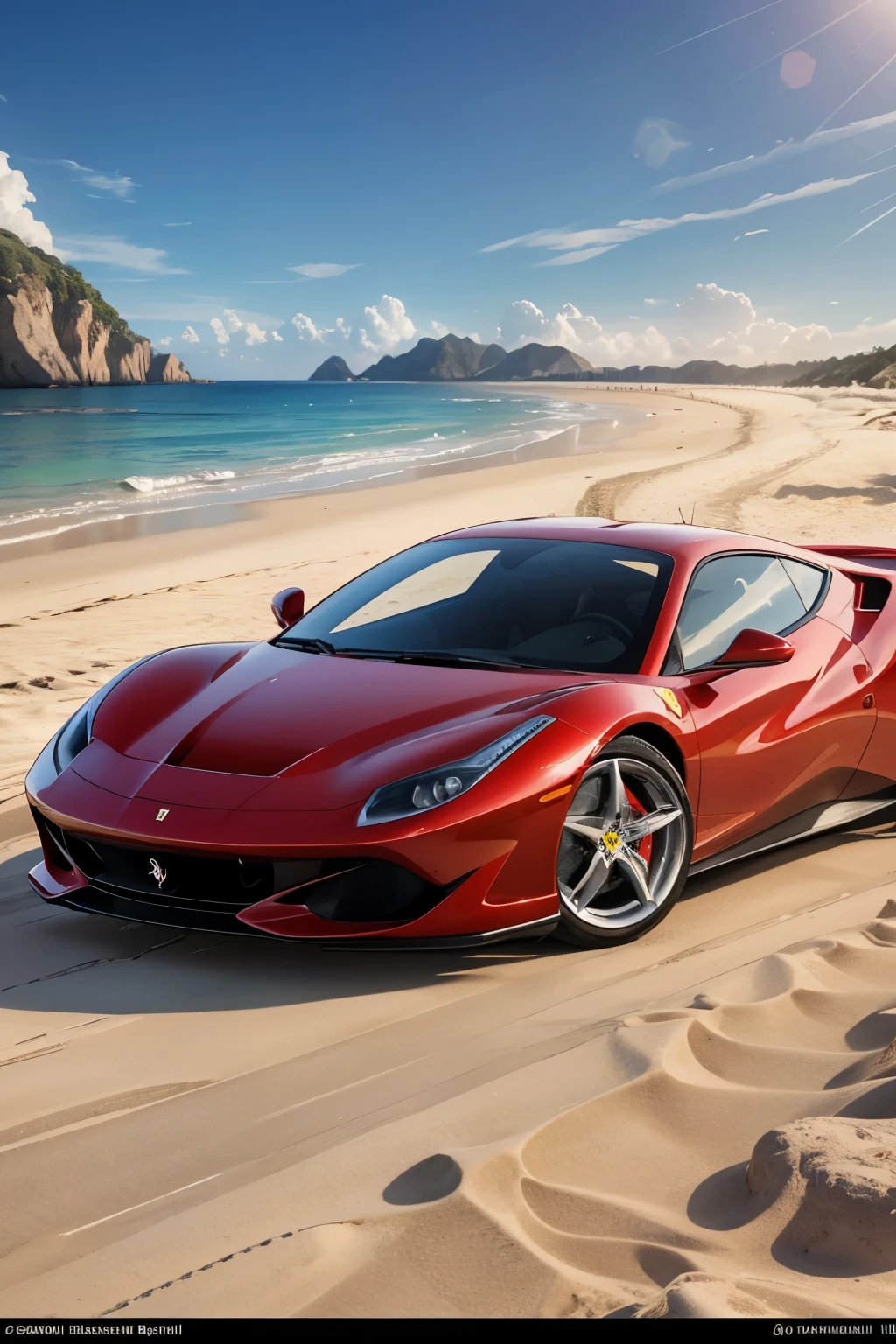 Ferrari on the beach, ultra-realistic, masterpiece, best quality, photorealistic, 8k high definition, highly detailed, photon mapping, radiosity, physically-based rendering, magnificent red Ferrari, sun-kissed body, white sandy beach, sparkling waters, lifelike reflections, razor-sharp edges, impeccable design, meticulously crafted, every detail captured in stunning clarity. (s2)