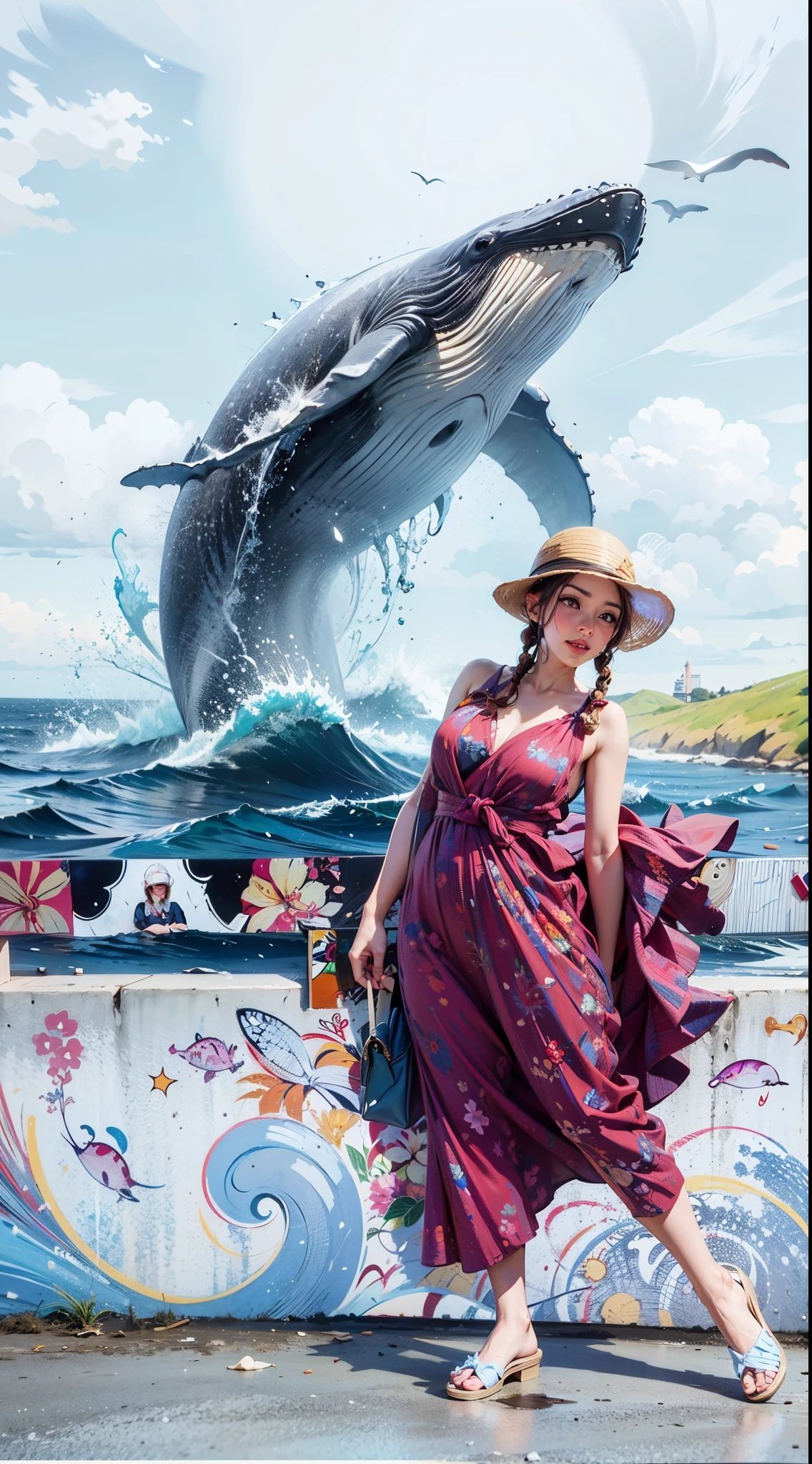 Woman,Two braids, red dress, Beach Hat, stone bridge, humpback whale,water spread,wind,VFX effect,painting wall