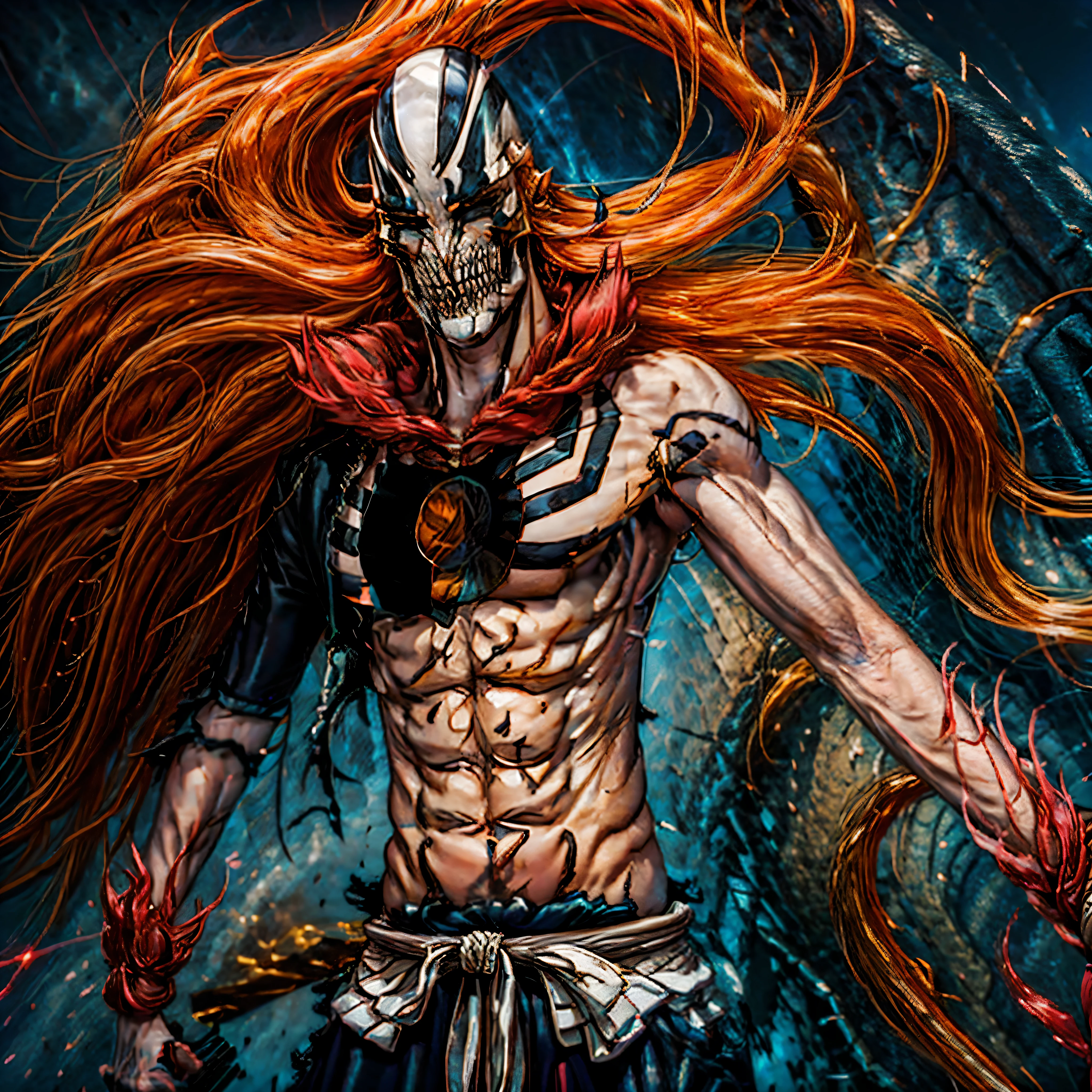 Ichigo-Kuroski Character ((Male)) , Orange Hair Ichigo Bleach style , One (( Samurai)) Bankai sword, Black Eyes , (( CUTE )) , Only One Character , (( Focus on a Character )) , Digital Anime combat Pose, Powerful , Beautiful Man , large black Sword, multidimensional geometric wall PORTRAIT, arte, Chibi, Yang08k, lindo, Colouring, Primary works, qualidade superior, melhor qualidade, Arte Oficial, Beautiful and Aesthetic, varied multi etc. --v 6 --s 1000 --c 20 --q 20 --chaos 100