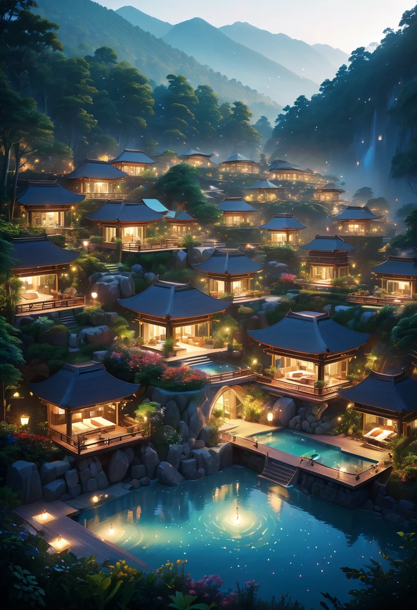 Modern luxury resort concept design.Resort/Resorts/resort.Closeup focus on high definition luxury resort.(best quality,4K,8k,high resolution,masterpiece:1.2),Super detailed,(actual,photoactual,photo-actual:1.37)It's a hidden and unique place,As if hidden in the embrace of nature。Located at the foot of the mountain、Deep in the forest or next to a lake,Isolated from the busy city and the hustle and bustle of the world。Surrounded by natural landscape,such as dense trees、Verdant meadows、Stretching mountains or sparkling lakes。People who live here can wake up in the morning to the sound of birdsong,Admire the twinkling stars at night。This place probably has a garden too,Planted with various flowers and plants,Exudes charming fragrance.Enjoy a life that is one with nature,Soak up the peace and tranquility.Reconnect with nature,Find inner peace and balance。It’s a very relaxing resort.
