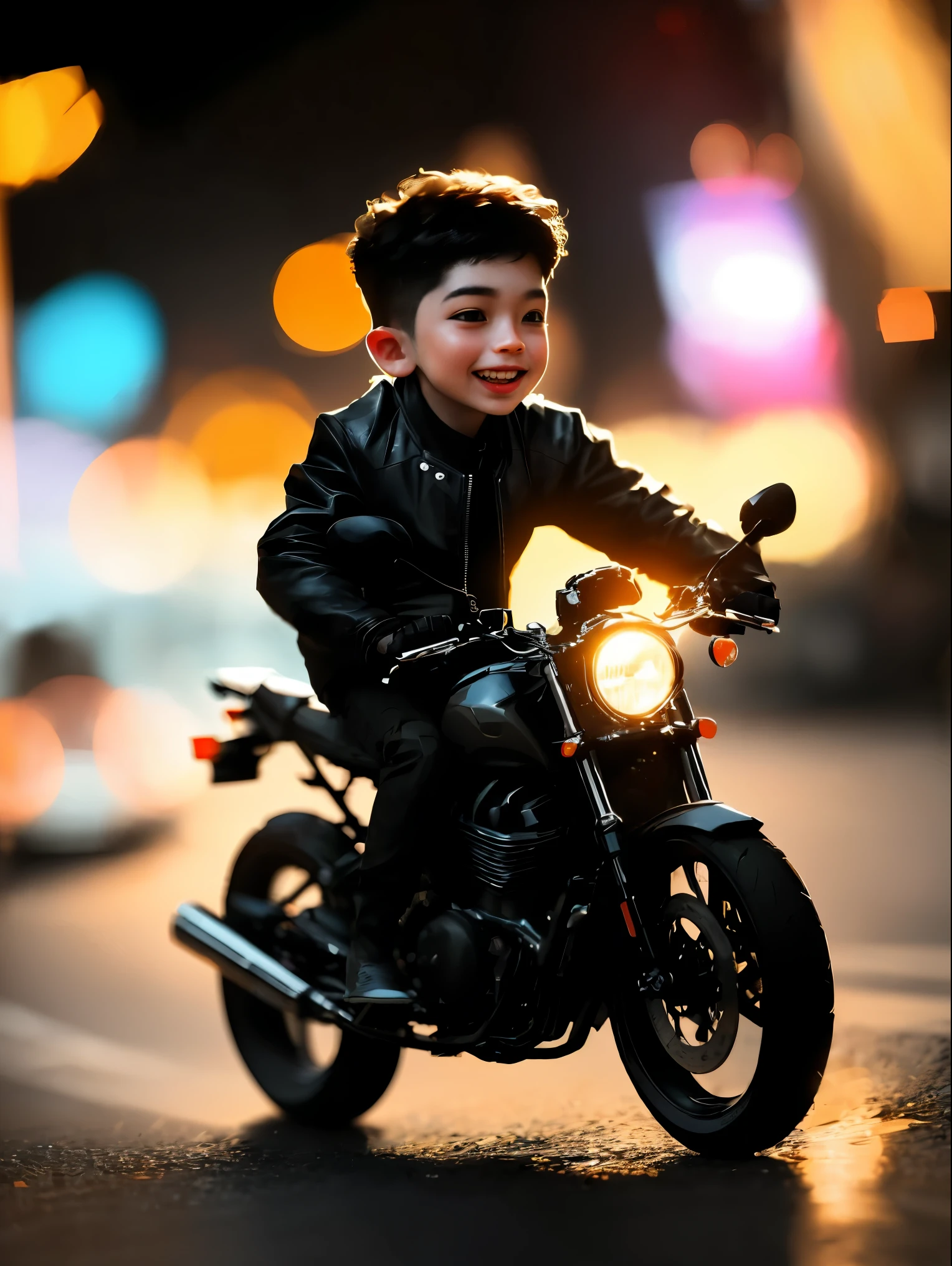 (Photo: 1.5), (High definition: 1.3), (Bokeh: 1.5), Motorcycle running through a city with beautiful neon lights and lighting at night, and running through at full throttle pleasantly, a boy driving a motorcycle, black hair, red eyes, like a scene from an action movie, happy expression,