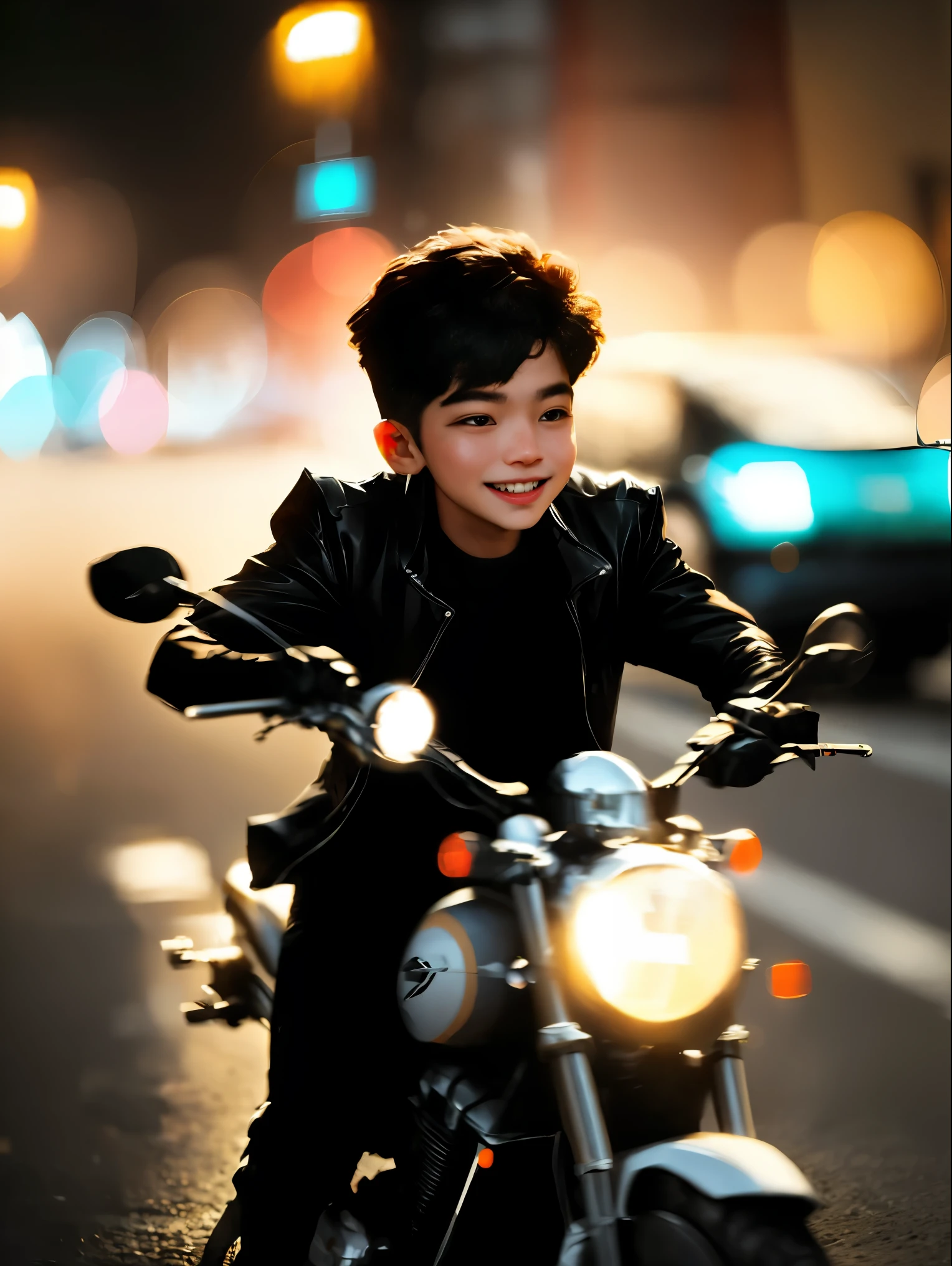 (Photo: 1.5), (High definition: 1.3), (Bokeh: 1.5), Motorcycle running through a city with beautiful neon lights and lighting at night, and running through at full throttle pleasantly, a boy driving a motorcycle, black hair, red eyes, like a scene from an action movie, happy expression,