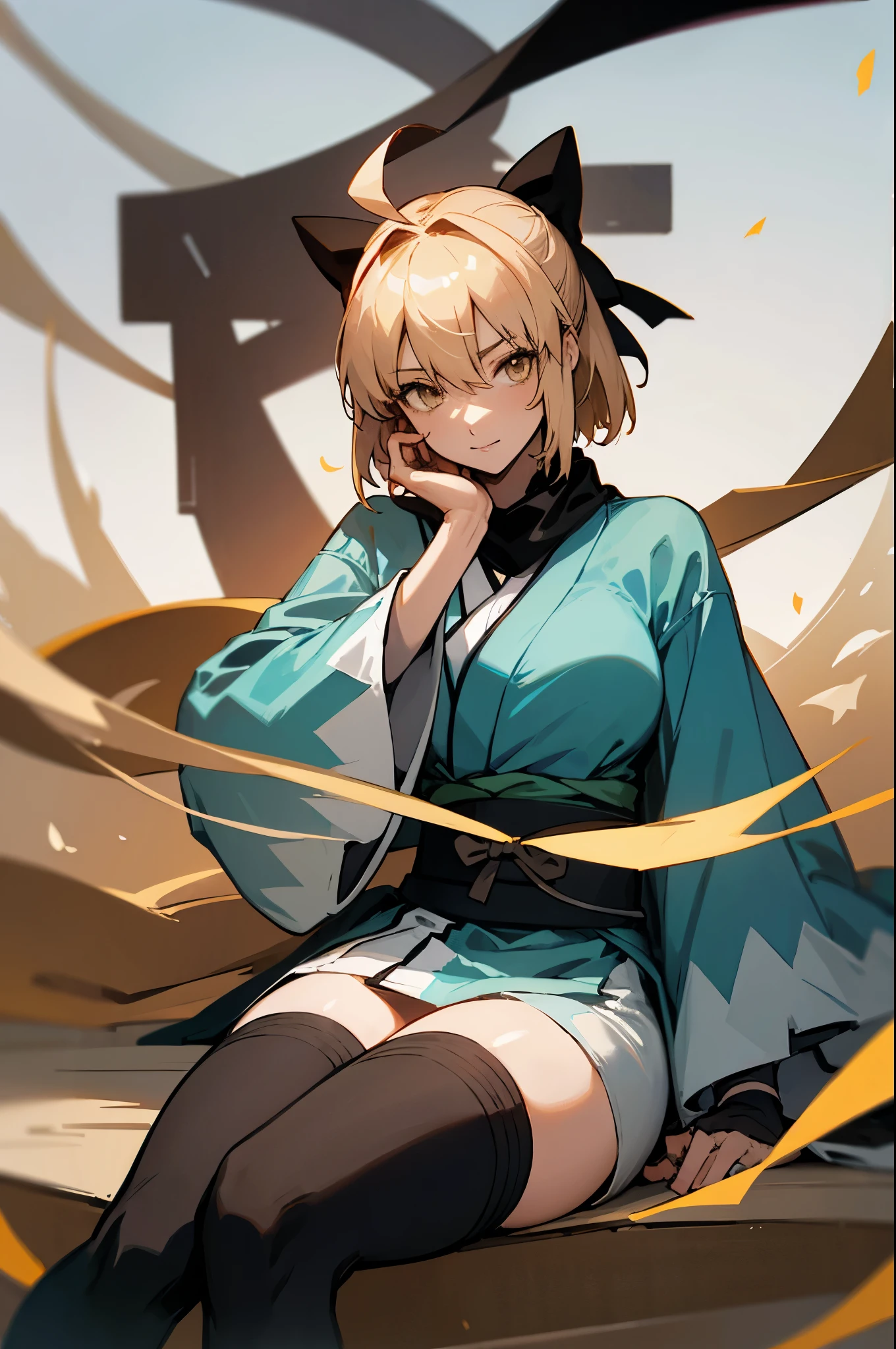 (masterpiece), best quality, expressive eyes, perfect face, highres, (big body:1.3), adult, 1 girl  solo, okita souji, ahoge, arm guards,wide sleeves,toeless legwear,bangs,obi, white kimono, shinsengumi, black thighighs, yellow eyes,thighhighs , short kimono, haori, black bow, black scarf, short hair, ahoge, scarf, blonde hair, hairbow,bow, kimono,japanese clothes, sitting, portrait, looking at the viewer