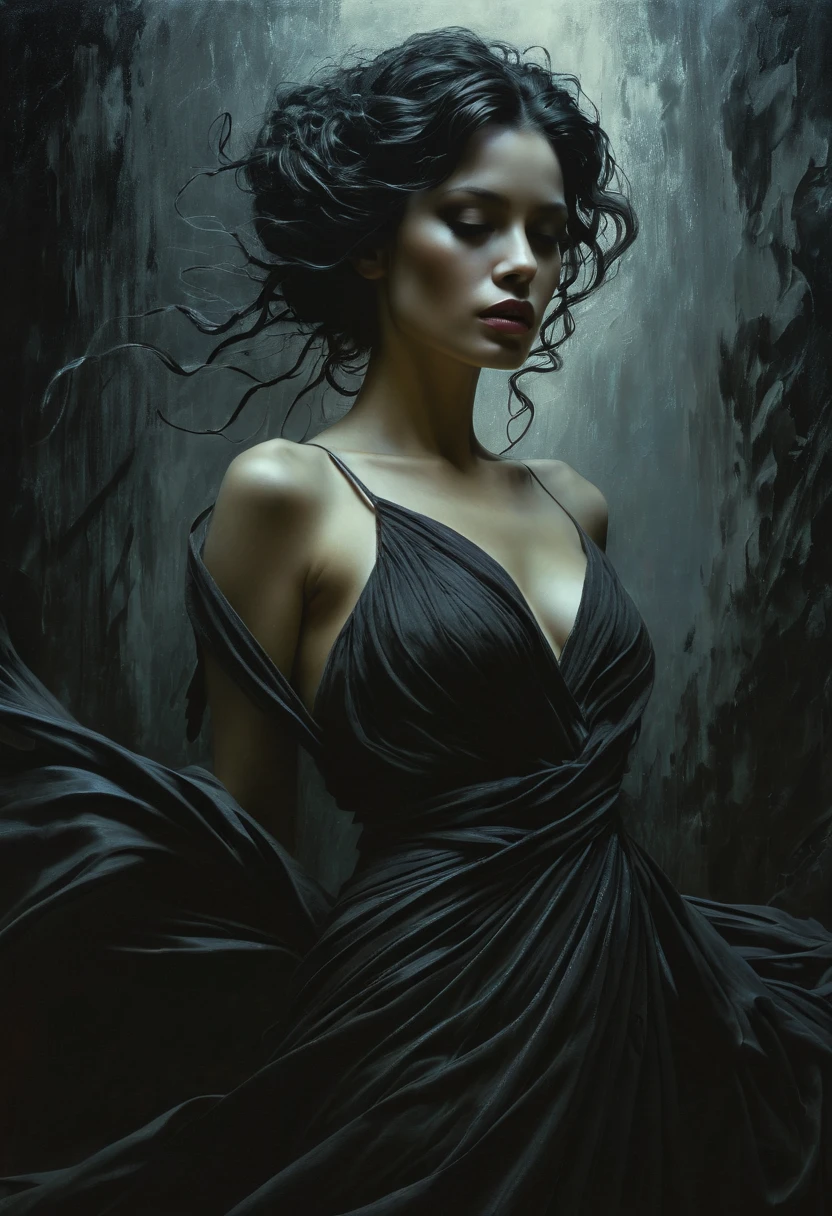 Dark Ambient silhouette of a beautiful woman, relief, oil painting, thin flowing lines, wax, long strokes, light gentle shadows, + 36.5 mm f0 cinematic quality, + style by Jeremy Mann, Peter Elson, Alex Maleev, Ryohei Hase, Raphael Sanzio, Pino Daeni, Charlie Bowater, Albert Joseph Peno, Ray Caesar, Giger, Jay Fu, Gustave Dore, Stephen Gammell, a masterpiece of artistic portraiture, multi-layer sheets, techniques used: lithography, chiaroscuro, atmospheric perspective, unreal engine, Greg Rutkowski, Leush, Rads, Beeple, Makoto Shinkai and Lois van Baerle, Ilya Kuvshinov, Rossdros, Tom Bagshaw, Alphonse Mucha, global reach, detailed and complex environments...biopunk style, doll face, intricate fine line art, complex, 8k, ultra detail, artstation trends, sharp focus, studio photography, intricate detail, high detail, Greg Rutkowski