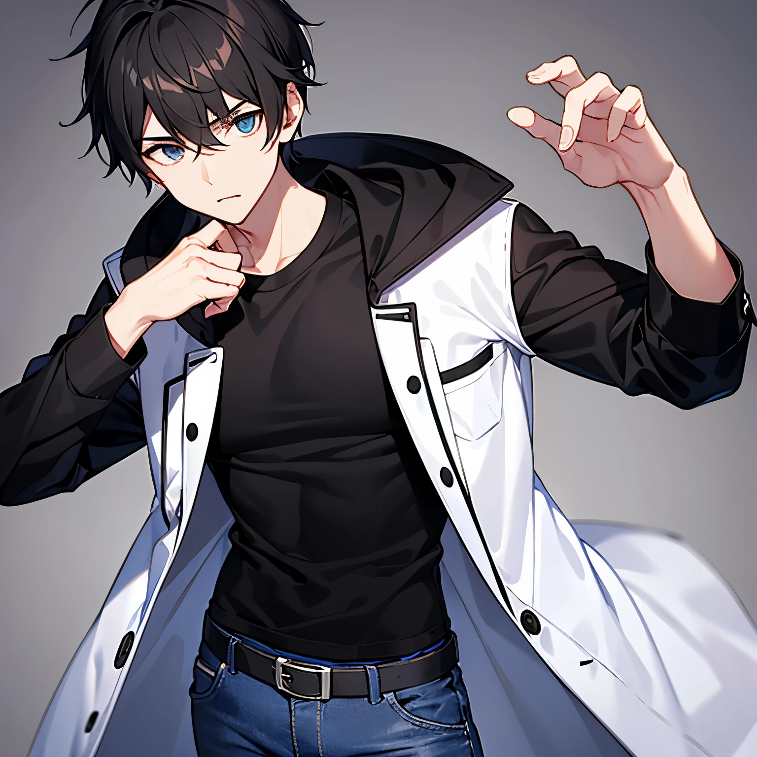 White coat，Black T-shirt，jeans，juvenile