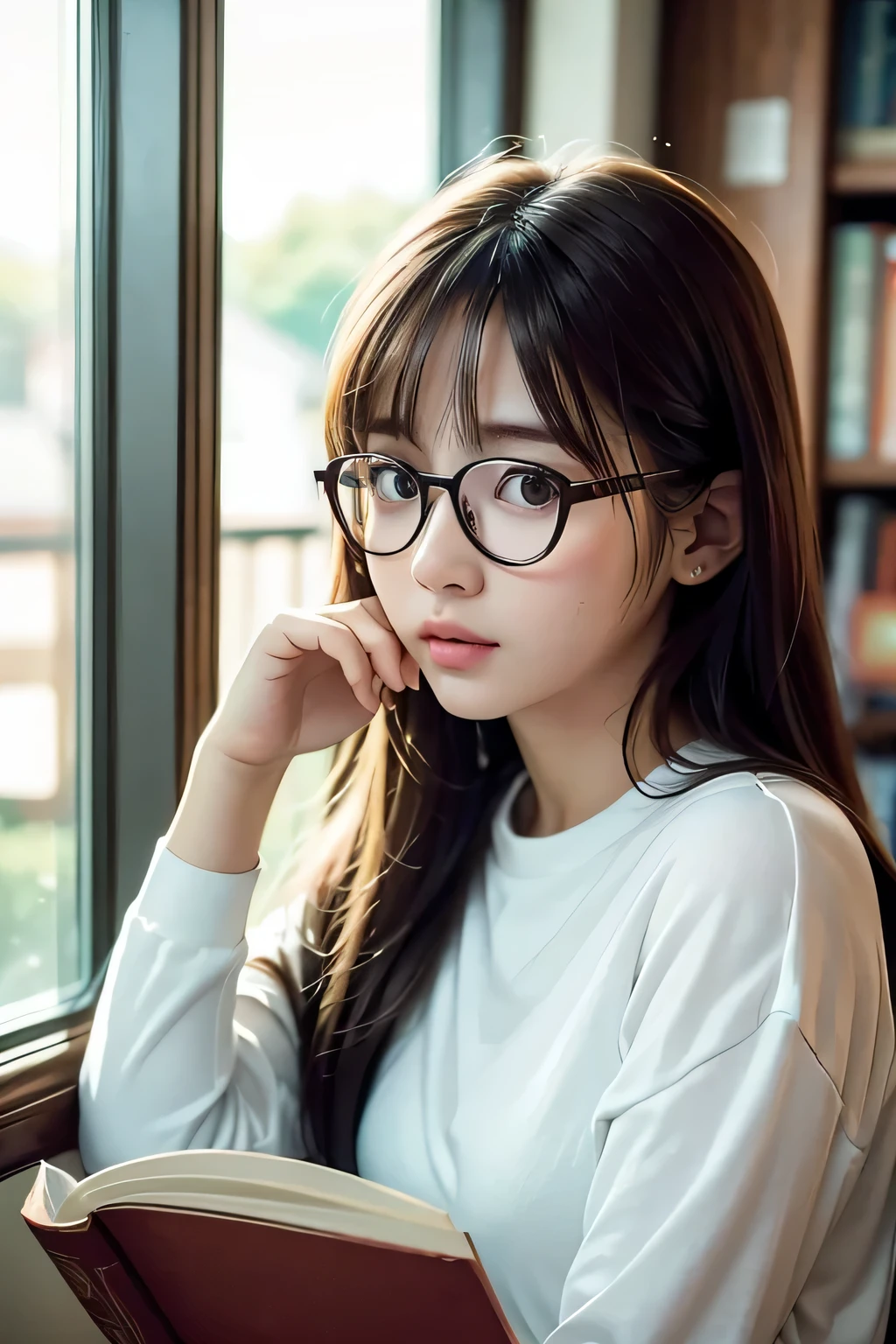 1 girl, depth of field, book, blurred background, glasses, alone, reading, open book, Holding book, lips, long hair, Holding, windows, Hands on their own faces., In the building, Hands on their own cheeks., nose, shirt, menu, Blurred foreground, white shirt, long sleeve, realistic