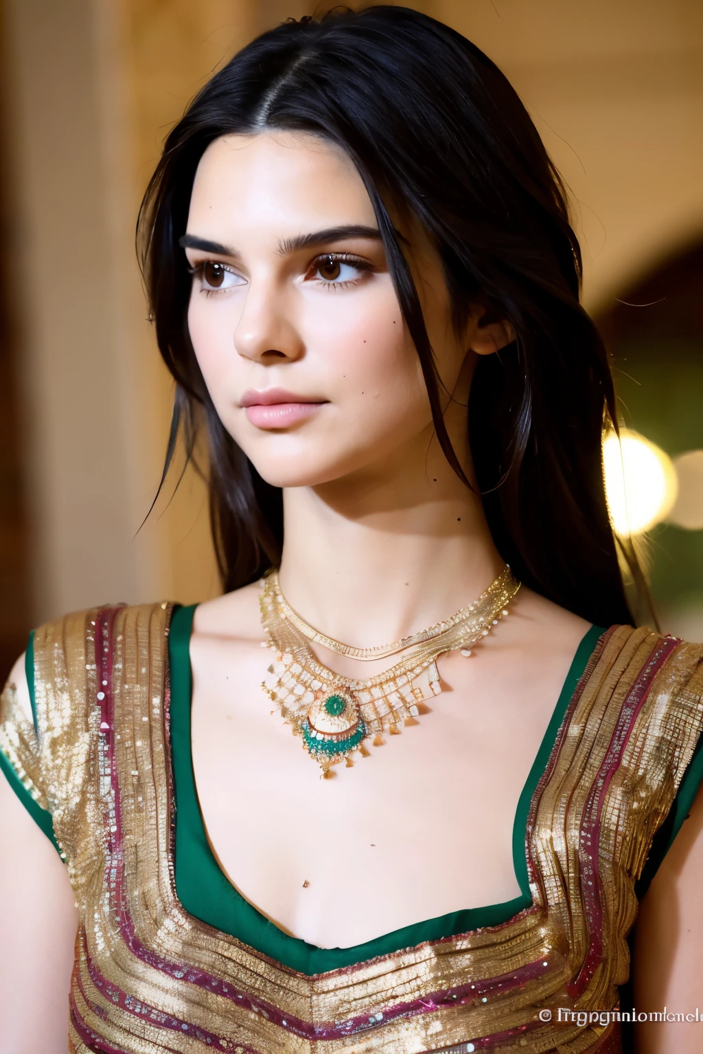 ((best quality)), ((masterpiece)), (detailed), perfect face, Kendall Jenner, wearing indian full shari, traditional indian shari, colorful shari, simple indian necklace
