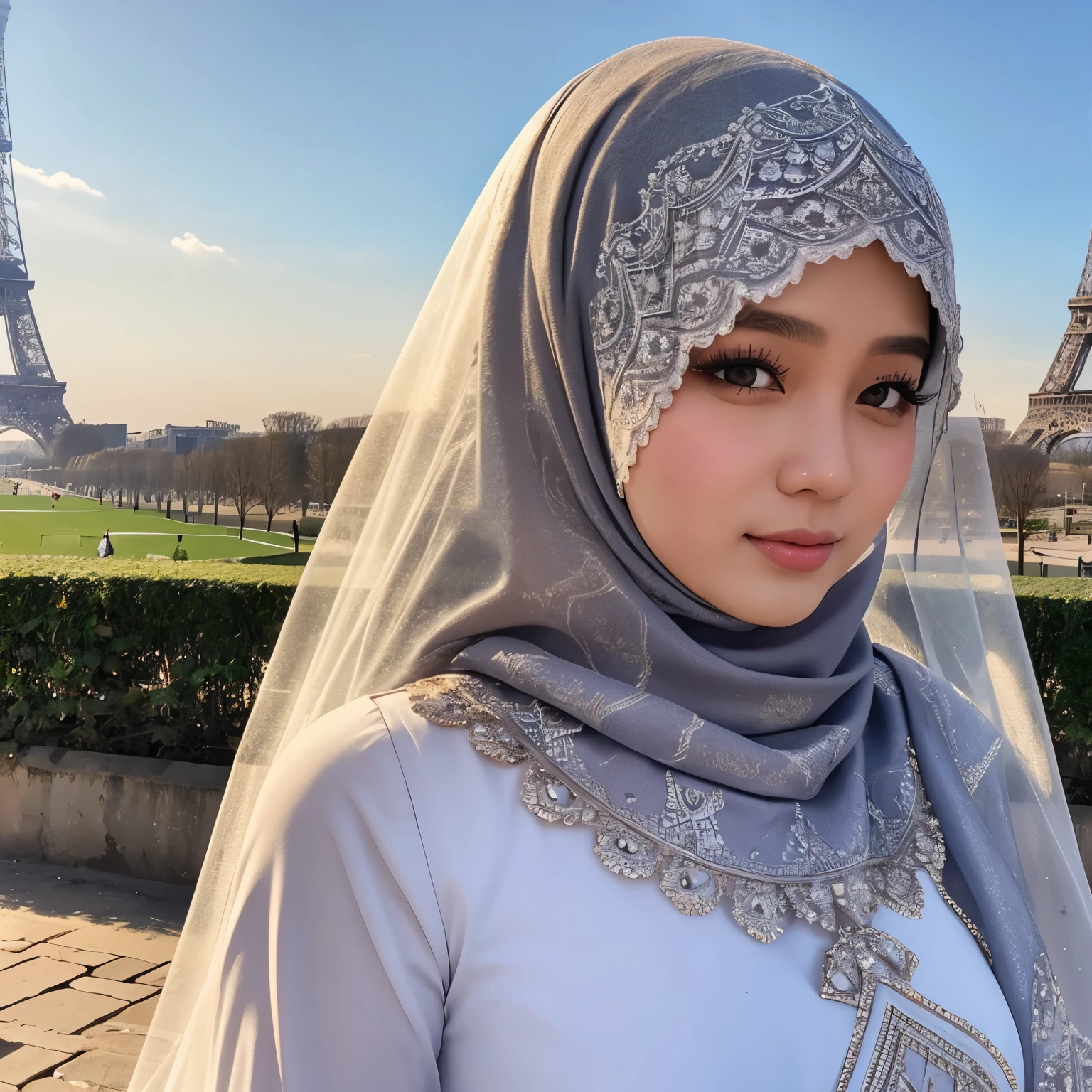 25 years old, Indonesian adult female veil, muslim long dress, in front of eifel tower, Bright light, in daylight, full hijab, close up