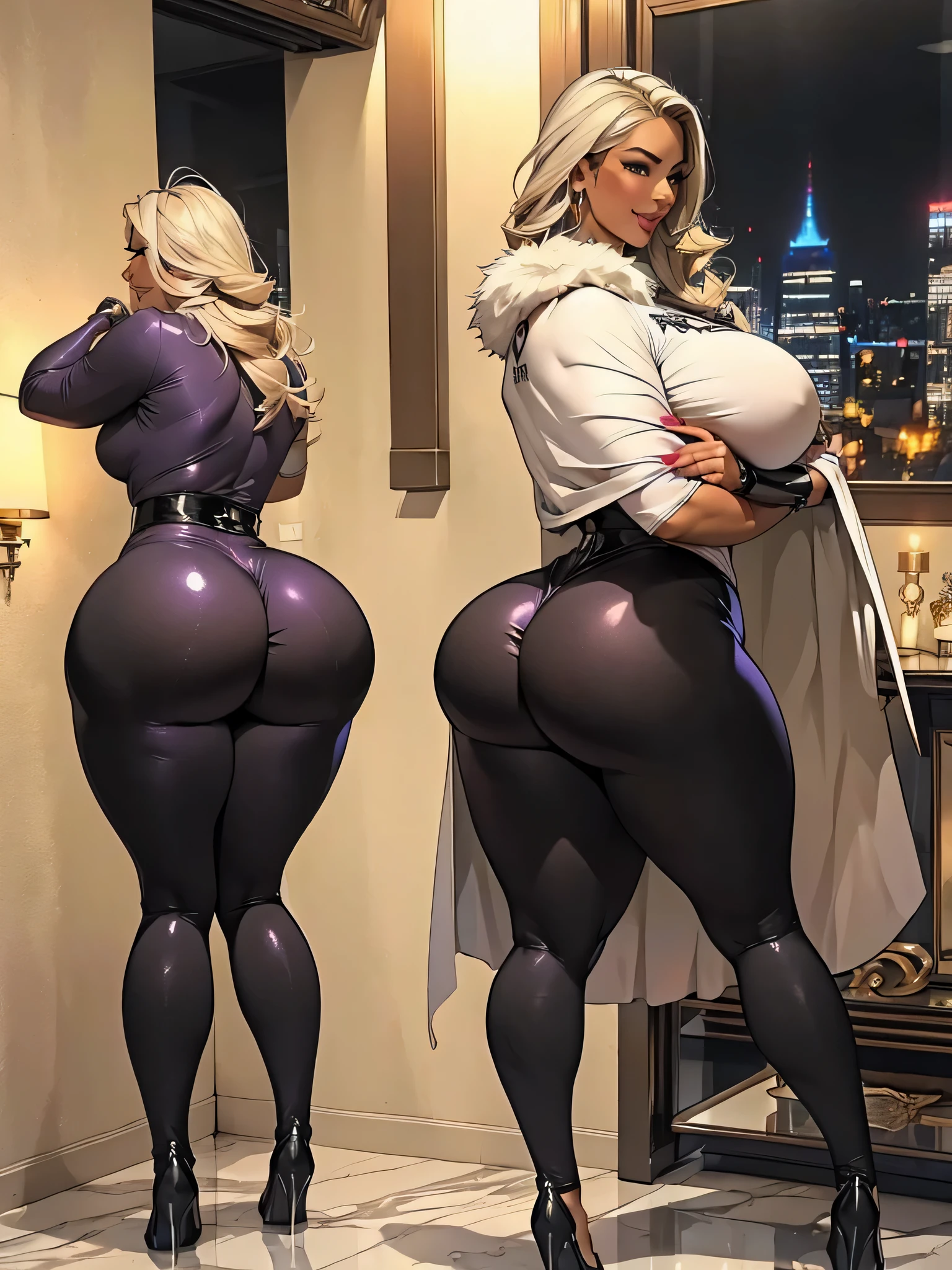 Elaborate CG artwork, (highest quality, exquisite details, absolute masterpiece, beautiful詳細な顔, beautiful, sharp gaze,), (image from head to toe)), ((full body image)),((Rear view)),(plus size model)),((white short cape with fur,wearing sexy BDSM gear)), (((black skin))),(((pale blonde hair))),(1 milf,浅黒い肌でbeautiful、white short cape with fur,wearing sexy BDSM gear),詳細beautiful成熟した顔, 非常に詳細なbeautiful顔と鋭い目, (detailed seductive and sharp eyes), (plump shiny purple lips)), (purple eyeshadow), blush, (Sadistic and seductive smile), (Curvaceous), ( 信じられないほど巨大なCurvaceousのヒップ), (very huge sensual ass), (ridiculously massive thick thighs), (glowing skin), (Wet and oily skin), Fingernail Art, Jewelry is, bangle, hoop earrings