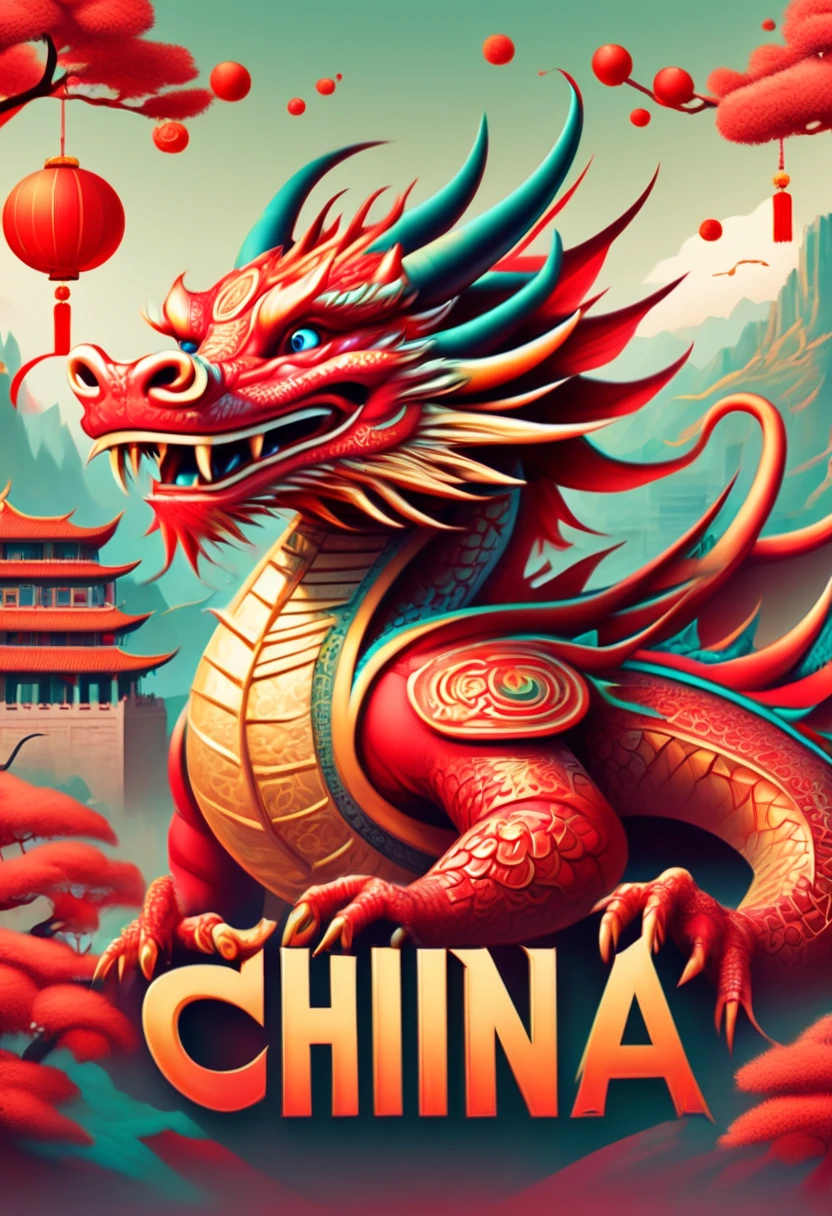 text "China", Chinese New Year "2024", dynamic illustration, dragon cub mascot, red clothes, strong festive atmosphere, golds in air, Chinese elements background, panoramic view, Ultra high saturation, (best quality, masterpiece, Representative work, official art, Professional, 8k)
