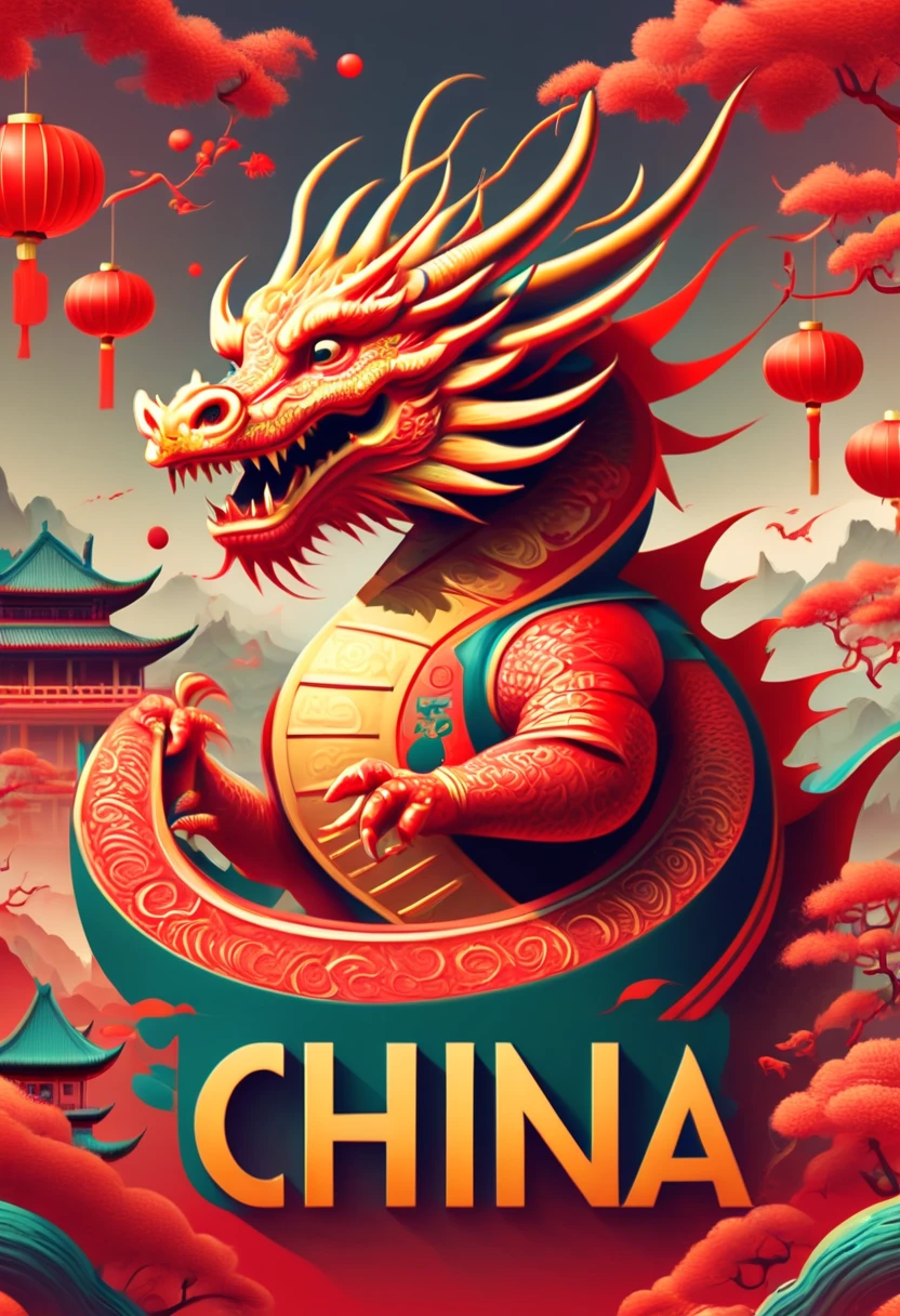 text "China", Chinese New Year "2024", dragon cub mascot, red clothes, Chinese bowing, spit out many golds, red envelopes, fireworks, confetti, strong festive atmosphere, Chinese elements, panoramic view, Ultra high saturation, (best quality, masterpiece, Representative work, official art, Professional, 8k)