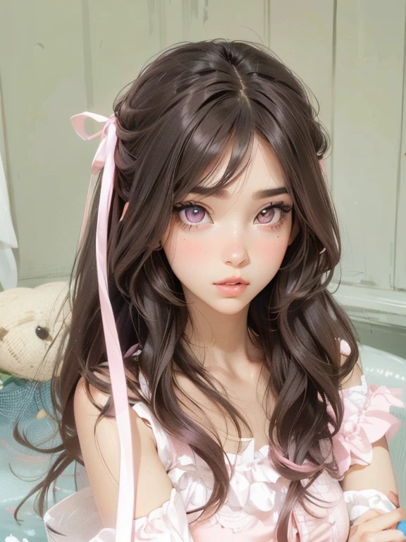 Female gender. She has wide eyes, beautiful flowing hair, big lips, a pink ribbon along her hair, and pink clothes. A thin nose and a beautiful face. High quality.