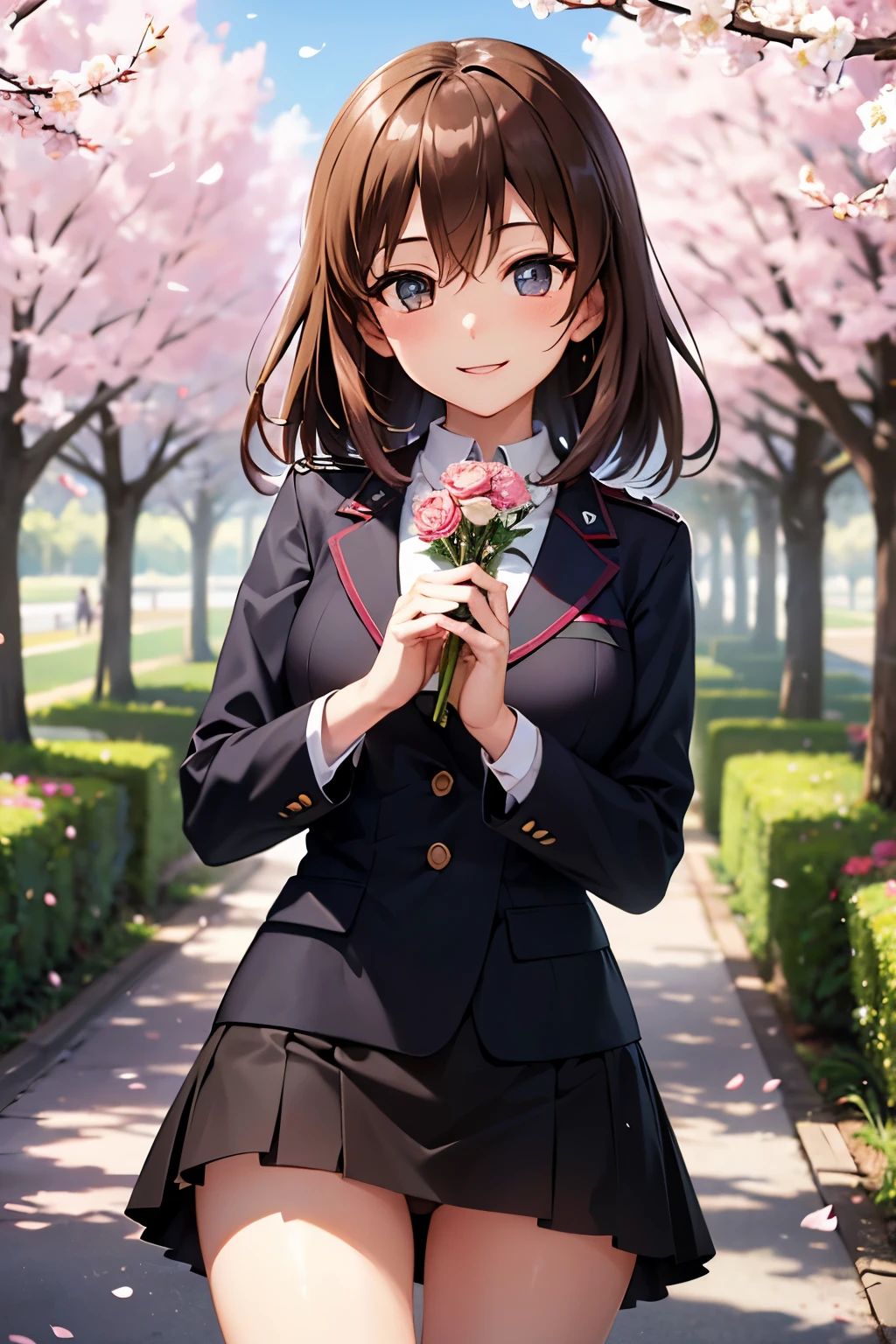 One Girl, Hana Isuzu from 'Girls und Panzer' in a moment of pure joy. Picture her surrounded by vibrant cherry blossom trees, her eyes sparkling with happiness. Let her be smiling brightly, perhaps holding a bouquet of flowers or enjoying a peaceful moment amidst nature. Ensure the colors are vivid and uplifting, reflecting the joy and serenity of the scene. Capture Hana's essence as a symbol of happiness and tranquility in this delightful moment. Flowers in her hair, panty shot