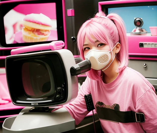 Pink Velvet Cupcake, Pink Cream Mullet, Style of Futurama, eyepatch, gas mask, food on face, nosebleed, smile, Surrealism, Polaroid TV