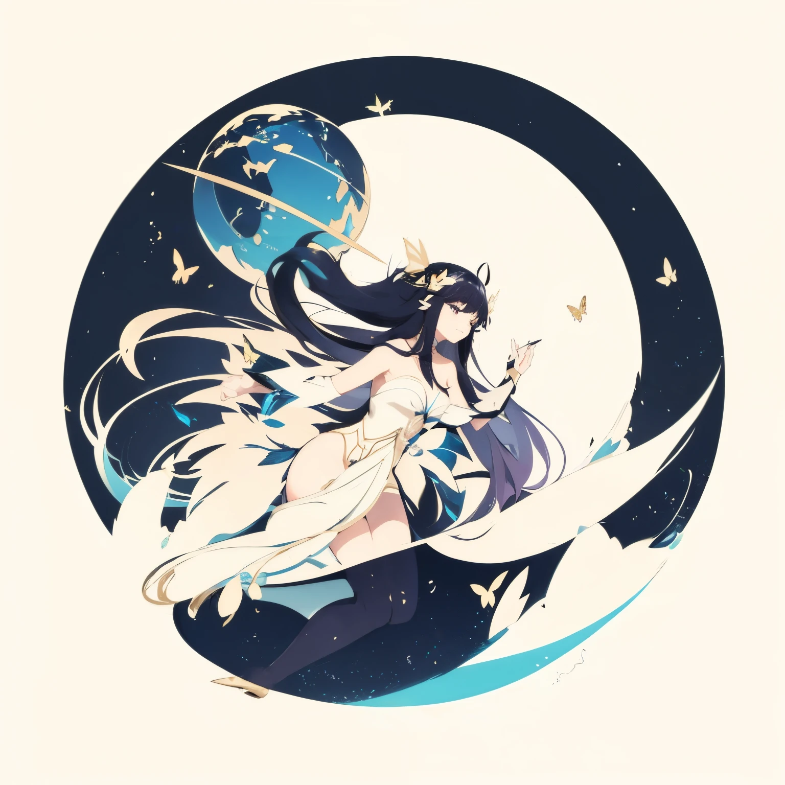  long haired butterfly girl goddess with round circular wing shape on the left side and sharp fluid wing shape on the right side, deep in thought, holding a globe, looking down at the globe, butterflies surrounding her, side view, mystical creative energy, simplistic, purple color, with strong white outline, simple minimalistic logo, white background