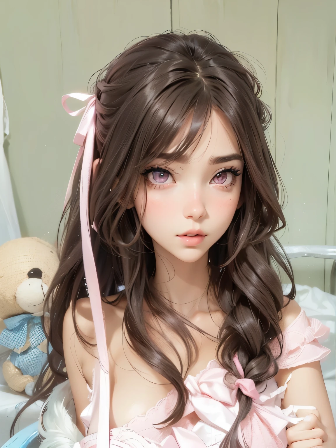 Female gender. She has wide eyes, beautiful flowing hair, big lips, a pink ribbon along her hair, and pink clothes. A thin nose and a beautiful face. High quality.