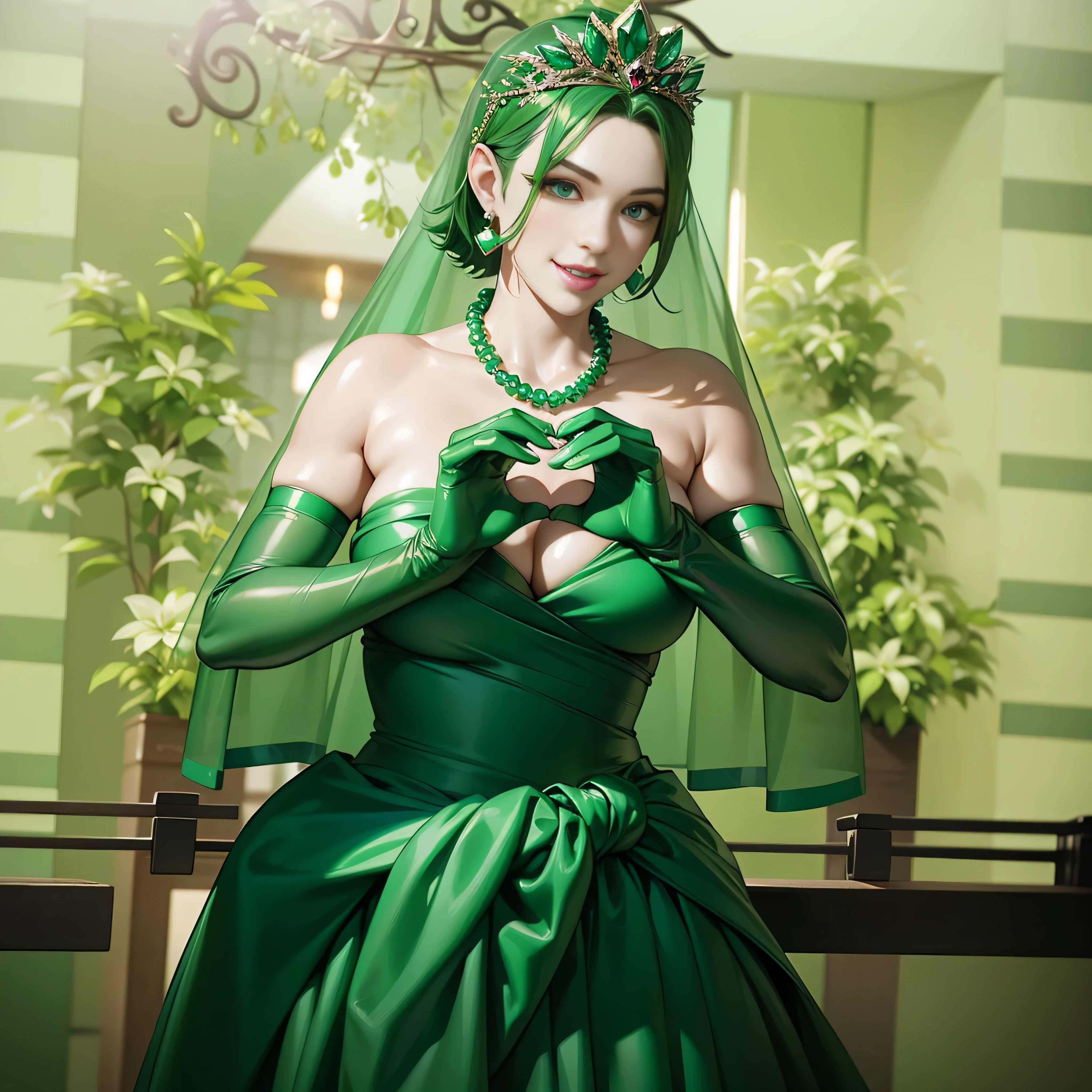 emerald tiara, green pearl necklace, ボーイッシュな非常に短いgreen hair, lipstick, Smiling woman in her 30s, very short hair, Beauty with large breasts, green eyes, Long Green Satin Gloves, green eyes, emerald earrings, green veil, heart with both hands, green hair, Beautiful woman in her 30s, heart shaped hand:1.3