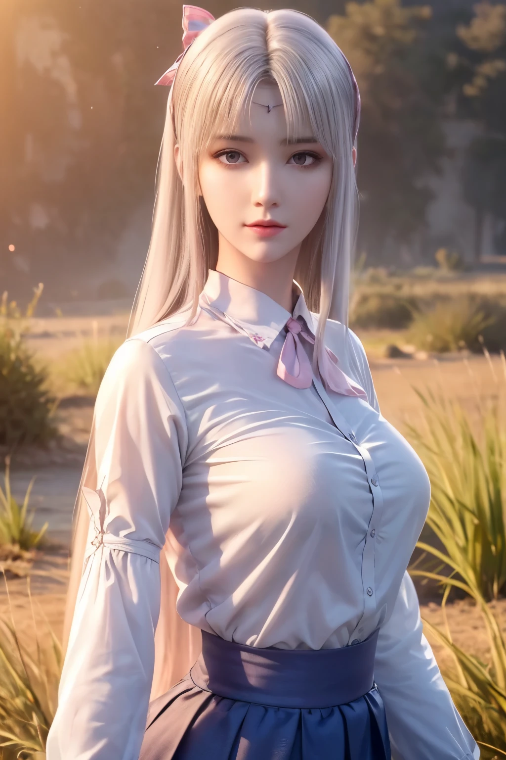 (detailed beautiful eyes and detailed face, masterpiece side light, masterpiece, best quality, detailed, high resolution illustration), (1 girl, beautiful girl, shiny skin, looking down, looking at viewer), ( Sky blue long hair, pink eyes, skirt, ribbon, button-down shirt) 45 degrees, top view,  sideways, (hand detail)