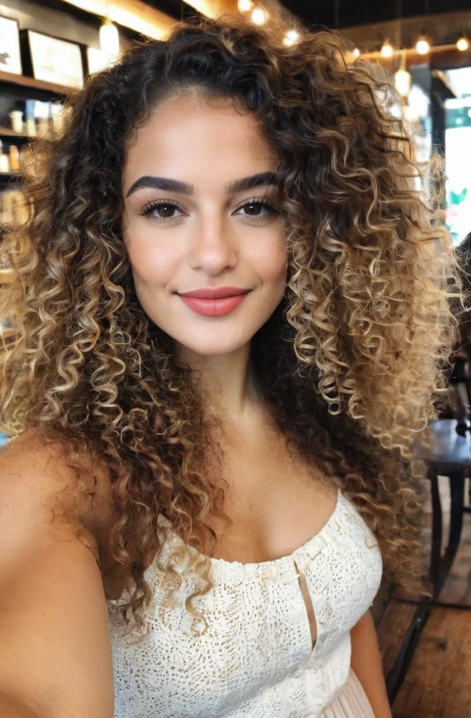 Imagine Isabella Oliveira, 25 anos de idade. Her long curly hair dances softly, wearing a relaxed and formal ensemble that highlights Brazil&#39;s natural beauty. (Isabella is taking a cute selfie in a coffee shop). Capture a serenidade em seus olhos.