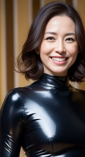 masterpiece,highest quality,, (long range shot)), big pelvis,1.8 meters high, smile,Latex Wear,long legs,skin hyper detail,clean pores,with panoramic view,cocked ass,40 years old, Noble and elegant Japan woman, perfect face, fantastic appearance, (detailed facial features), Looks clean and looks good,realistic, sharp focus, wavy hair, wrinkles around the eyes,((FULL BODY SHOT))