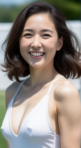 masterpiece,highest quality,, (long range shot)), big pelvis,1.8 meters high, smile,Japan High School School Swimwear,long legs,skin hyper detail,clean pores,with panoramic view,cocked ass,40 years old, Noble and elegant Japan woman, perfect face, fantastic appearance, (detailed facial features), Looks clean and looks good,realistic, sharp focus, wavy hair, wrinkles around the eyes,((FULL BODY SHOT))