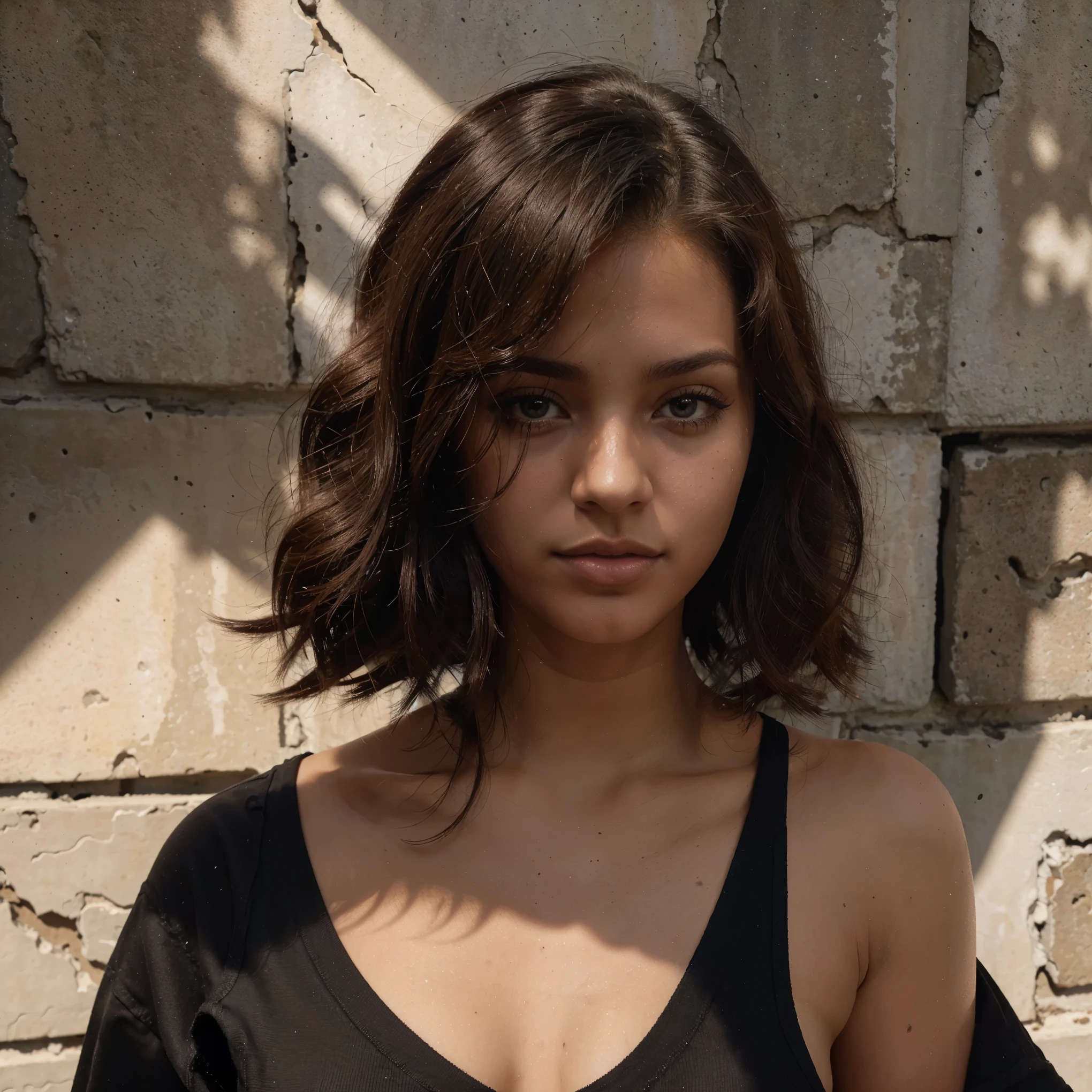 foto do instagram, Mulher francesa de 21 anos, cabelo curto, Cabelo preto, retrato em close, calcinha, decote, pale, sombras duras