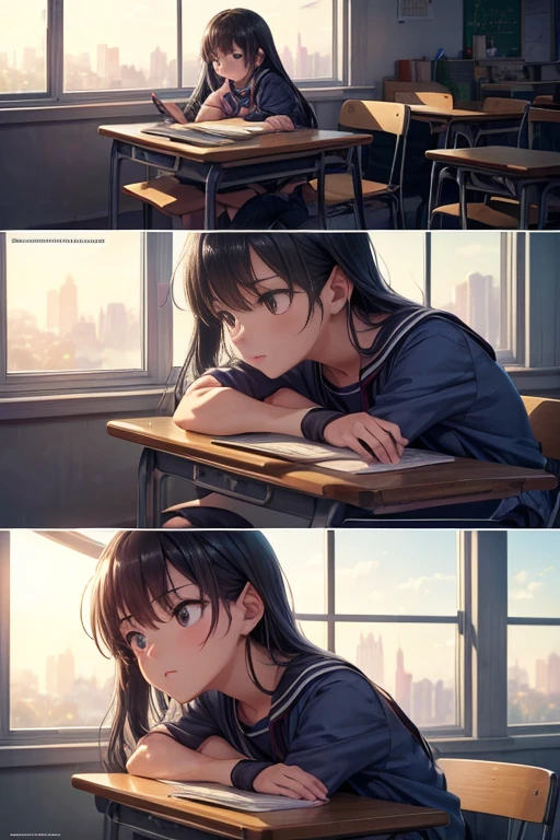 (best quality,4K,8k,high resolution,masterpiece:1.2),Super detailed,actual,Anime style classroom scene,Typical animation classroom environment, school classroom, anime scene, Classroom with desks and large windows, Detailed classroom environment,Equipped with desk and window, Characters interact in the classroom, bright colors, The atmosphere is bright and lively, natural lighting, student learning、chat, Sunlight pours in through the windows, creating a warm and inviting atmosphere, Blackboard with notes and drawings, Open the textbook on the desk, Posters of favorite anime characters on the wall, School bags and stationery are scattered on the desk, Traces of the campus can be seen through the windows (Enlightenment,:1.1), bright colors, intricate details, Smooth brushstrokes, Vivid character design, expressive facial features, Beautiful illustration background, Immersive depth and perspective, dynamic composition, Compelling storytelling, Attractive character poses and gestures, Seamless integration of traditional art and digital art technology, Unique art style inspired by the works of Mamoru Hosoda and Makoto Shinkai, The perfect blend of reality and fantasy (portrait:1.1),