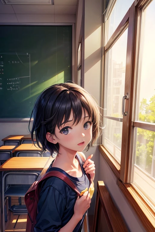 (best quality,4K,8k,high resolution,masterpiece:1.2),Super detailed,actual,Anime style classroom scene,Typical animation classroom environment, school classroom, anime scene, Classroom with desks and large windows, Detailed classroom environment,Equipped with desk and window, Characters interact in the classroom, bright colors, The atmosphere is bright and lively, natural lighting, student learning、chat, Sunlight pours in through the windows, creating a warm and inviting atmosphere, Blackboard with notes and drawings, Open the textbook on the desk, Posters of favorite anime characters on the wall, School bags and stationery are scattered on the desk, Traces of the campus can be seen through the windows (Enlightenment,:1.1), bright colors, intricate details, Smooth brushstrokes, Vivid character design, expressive facial features, Beautiful illustration background, Immersive depth and perspective, dynamic composition, Compelling storytelling, Attractive character poses and gestures, Seamless integration of traditional art and digital art technology, Unique art style inspired by the works of Mamoru Hosoda and Makoto Shinkai, The perfect blend of reality and fantasy (portrait:1.1),