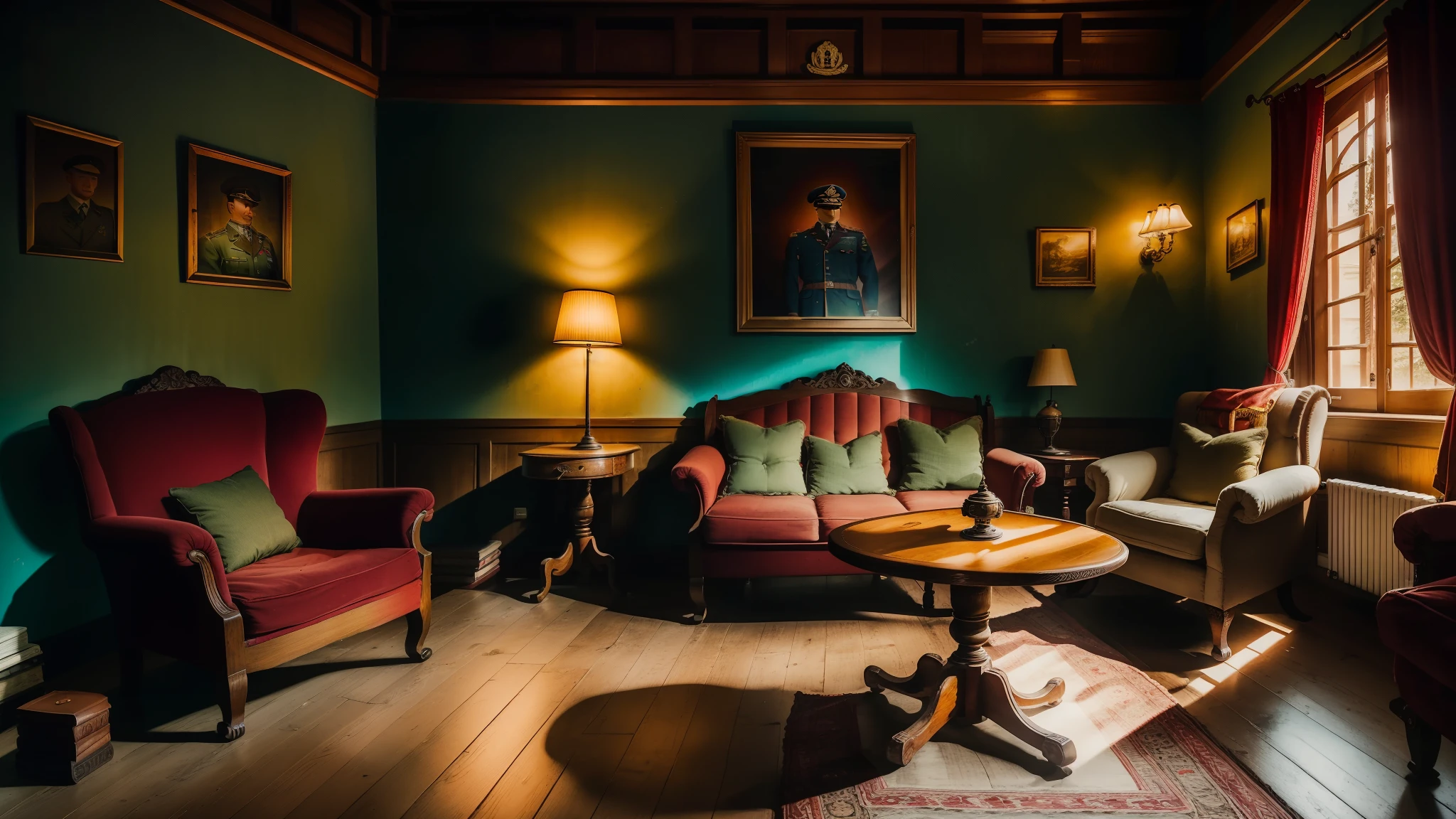 A charming reading room in 1940s style. The room is filled with the warm and cozy ambiance of vintage furniture and antique decor. Sunlight filters in through large windows, casting soft shadows on a beautifully polished wooden floor. In the center of the room, there is a large oak table, on which rests an open letter, its pages yellowed and frayed with age. The envelope, sealed with a wax seal, bears the insignia of a Second World War military unit. A soldier's uniform, complete with boots and a military hat, is draped over the back of an elegant armchair, giving off an air of history and nostalgia. The room is adorned with