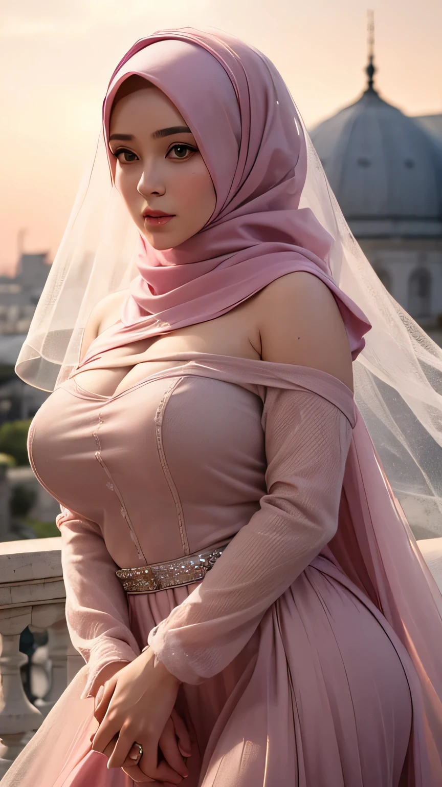Best Quality, Masterpiece, Ultra High Resolution, (Realisticity: 1.4), Original Photo, 1girl, big , Pink Off-the-Shoulder, wearing hijab/veil, Cinematic Lighting