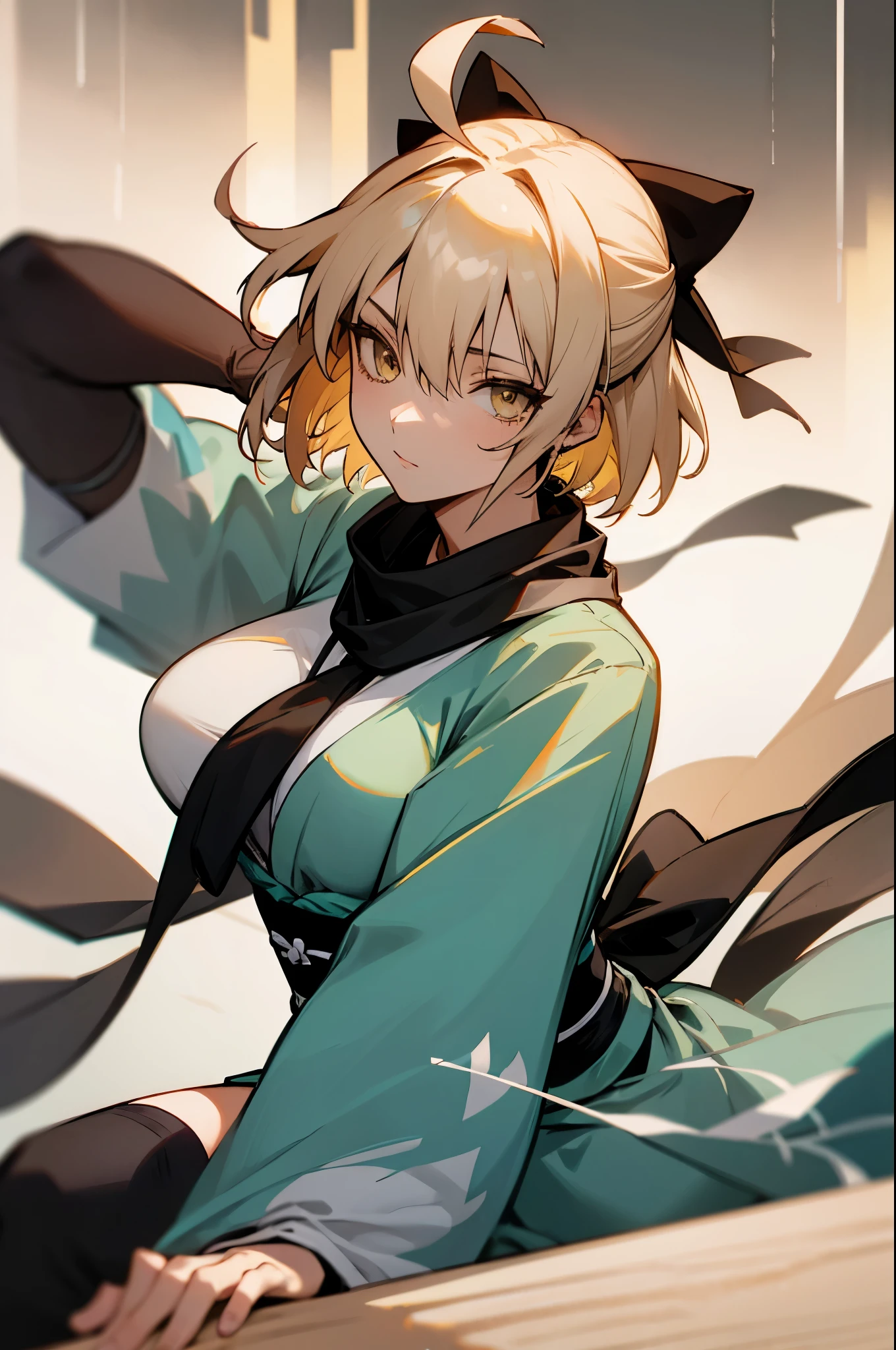 (masterpiece), best quality, expressive eyes, perfect face, highres, (big body:1.3), adult, 1 girl solo, okita souji, ahoge, arm guards,wide sleeves,toeless legwear,bangs,obi, white kimono, shinsengumi, black thighighs, yellow eyes,thighhighs , short kimono, haori, black bow, black scarf, short hair, ahoge, scarf, blonde hair, hairbow,bow, kimono,japanese clothes, sitting, portrait, looking at the viewer