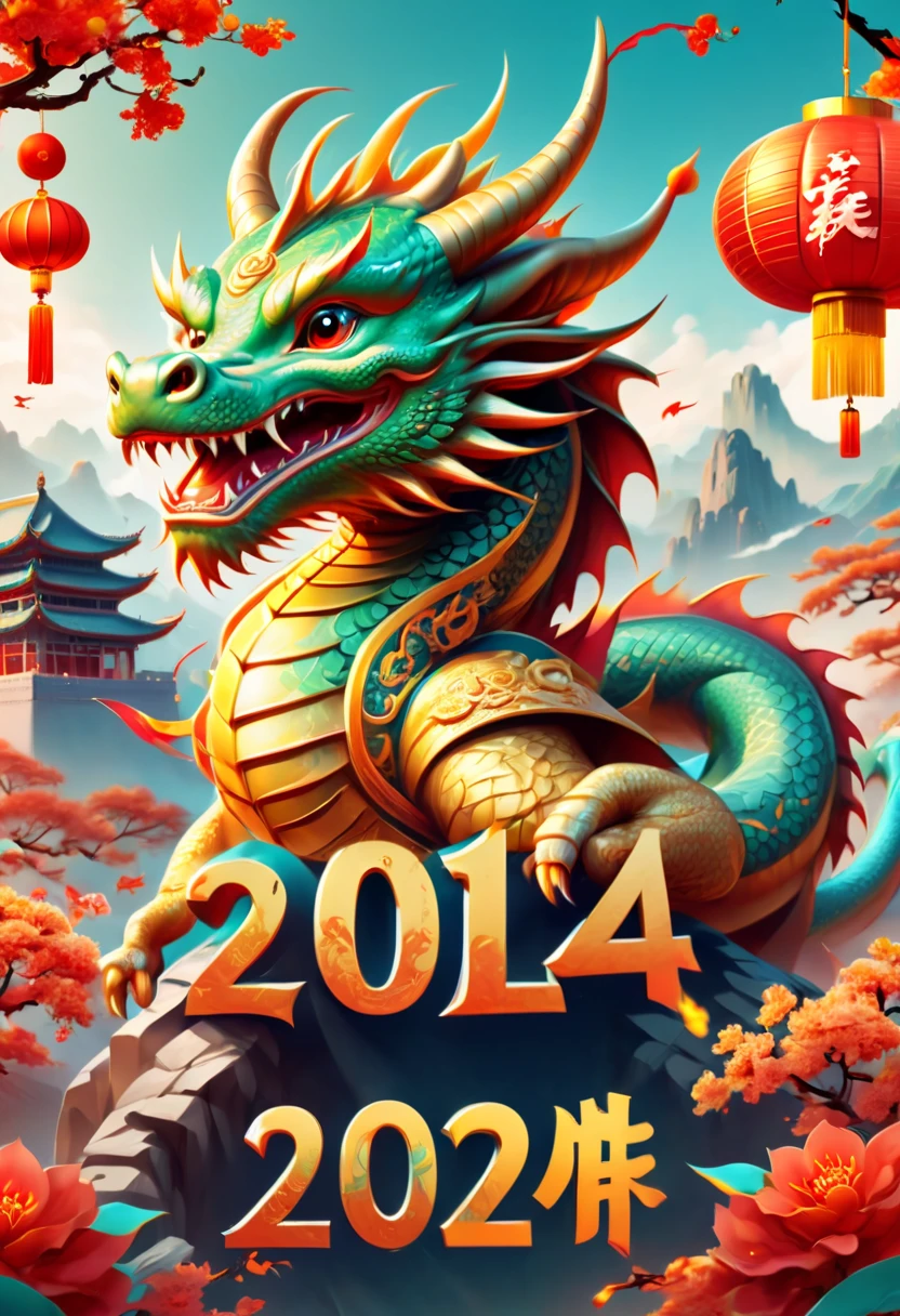 text "China", Chinese New Year "2024", dynamic illustration, dragon cub, clothes, strong festive atmosphere, golds in air, Chinese elements background, panoramic view, Ultra high saturation, (best quality, masterpiece, Representative work, official art, Professional, 8k)