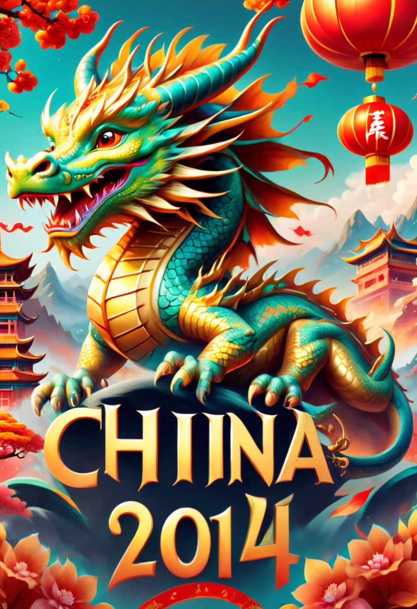 text "China", Chinese New Year "2024", dynamic illustration, dragon cub, clothes, strong festive atmosphere, golds in air, Chinese elements background, panoramic view, Ultra high saturation, (best quality, masterpiece, Representative work, official art, Professional, 8k)