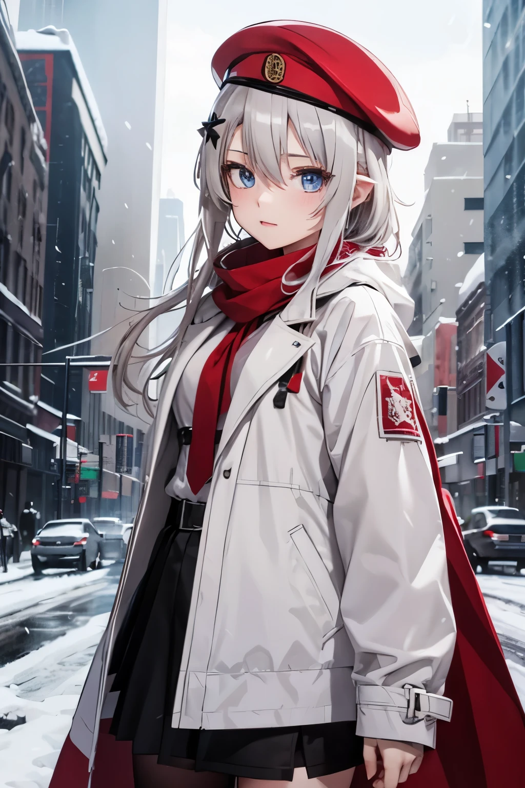 girls frontline、9A-91、disheveled short silver hair、blue eyes、Wearing a white coat。red beret、red muffler、black skirt、Manhattan city snowing、black ribbon、high resolution、high quality