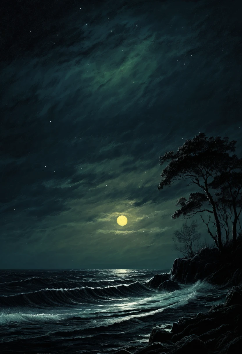 Sea , digital painting, high quality the darkest longest night of the year, style of Ralph Blakelock, Ed Emshwiller, Marianna Rothen, Arthur Rackham, Niko Anttila