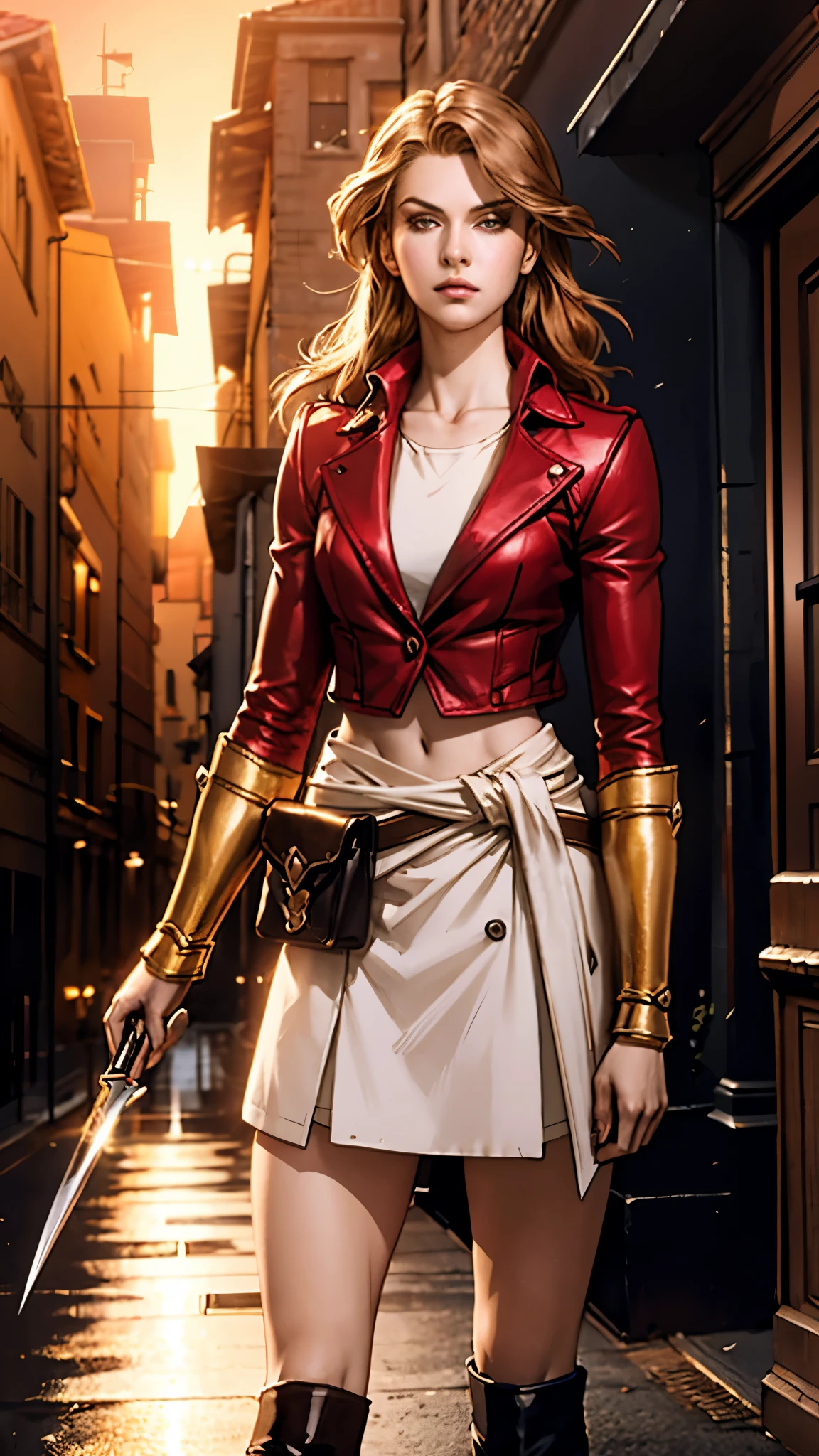 A woman with long brown hair, a determined expression on her exquisite face, a tall and muscular physique, a cropped top that exposes her waist, a yellow leather jacket with rolled-up sleeves, sturdy wooden forearm guards, two ribbons are elegantly tied around her right arm, a short skirt with a small tool pouch around her waist, a dagger is strapped to her thigh, rough cloth boots, her right hand holds a massive cleaver, standing in a fantasy-style wilderness city, this character embodies a finely crafted fantasy-style bounty hunter in anime style, exquisite and mature manga art style, high definition, best quality, highres, ultra-detailed, ultra-fine painting, extremely delicate, professional, anatomically correct, symmetrical face, extremely detailed eyes and face, high quality eyes, creativity, RAW photo, UHD, 8k, Natural light, cinematic lighting, masterpiece-anatomy-perfect, masterpiece:1.5
