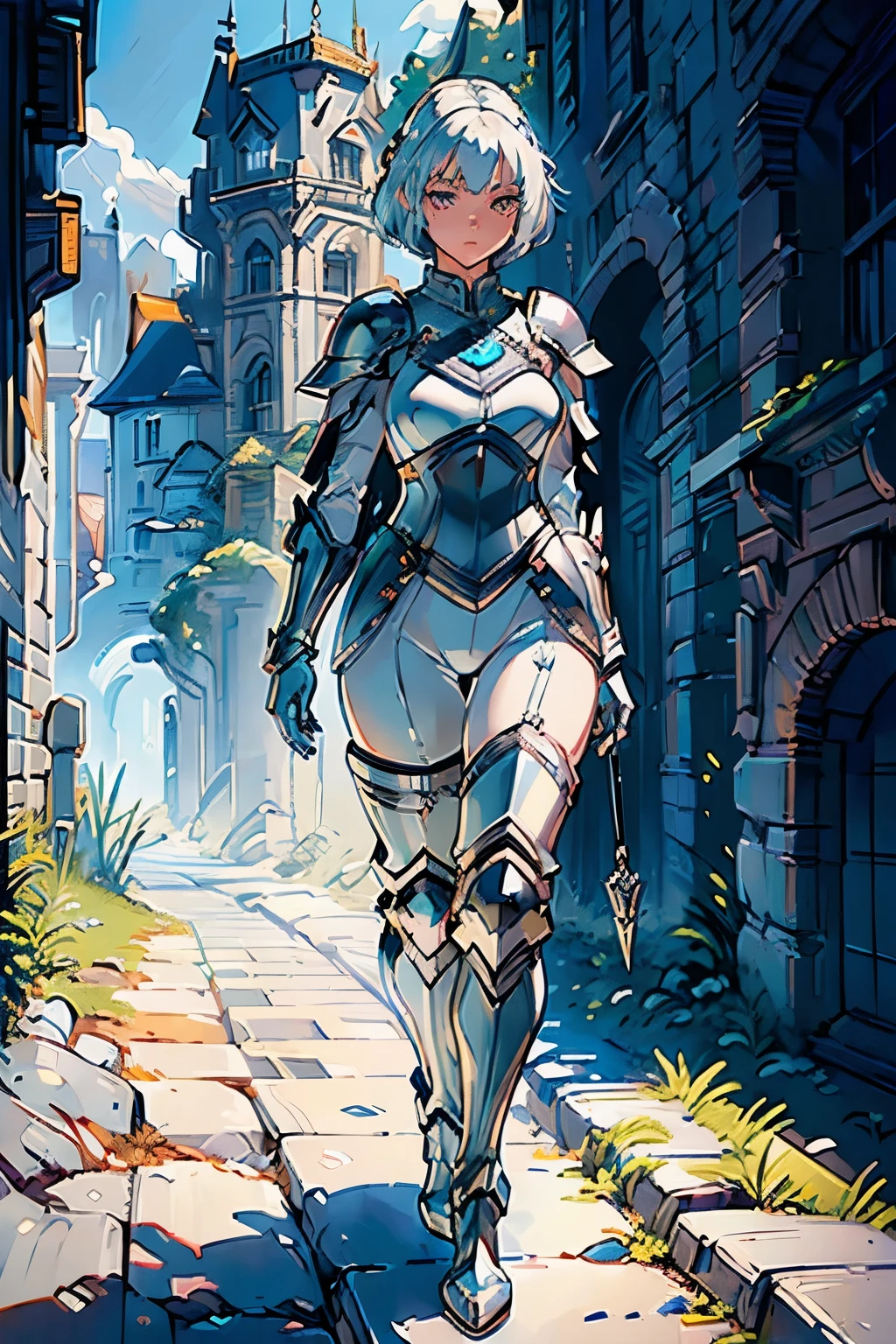 (((masterpiece))), (((best quality))), ((ultra-detailed)), (cinematic lighting), (illustration), (beautiful detailed eyes), (1girl), full body, space, knight, armour, light hair, walking, castle in distance, best quality, expressive eyes, perfect face, Girl: (20s, white hair, short hair, grey jumpsuit, blue and silver armour),