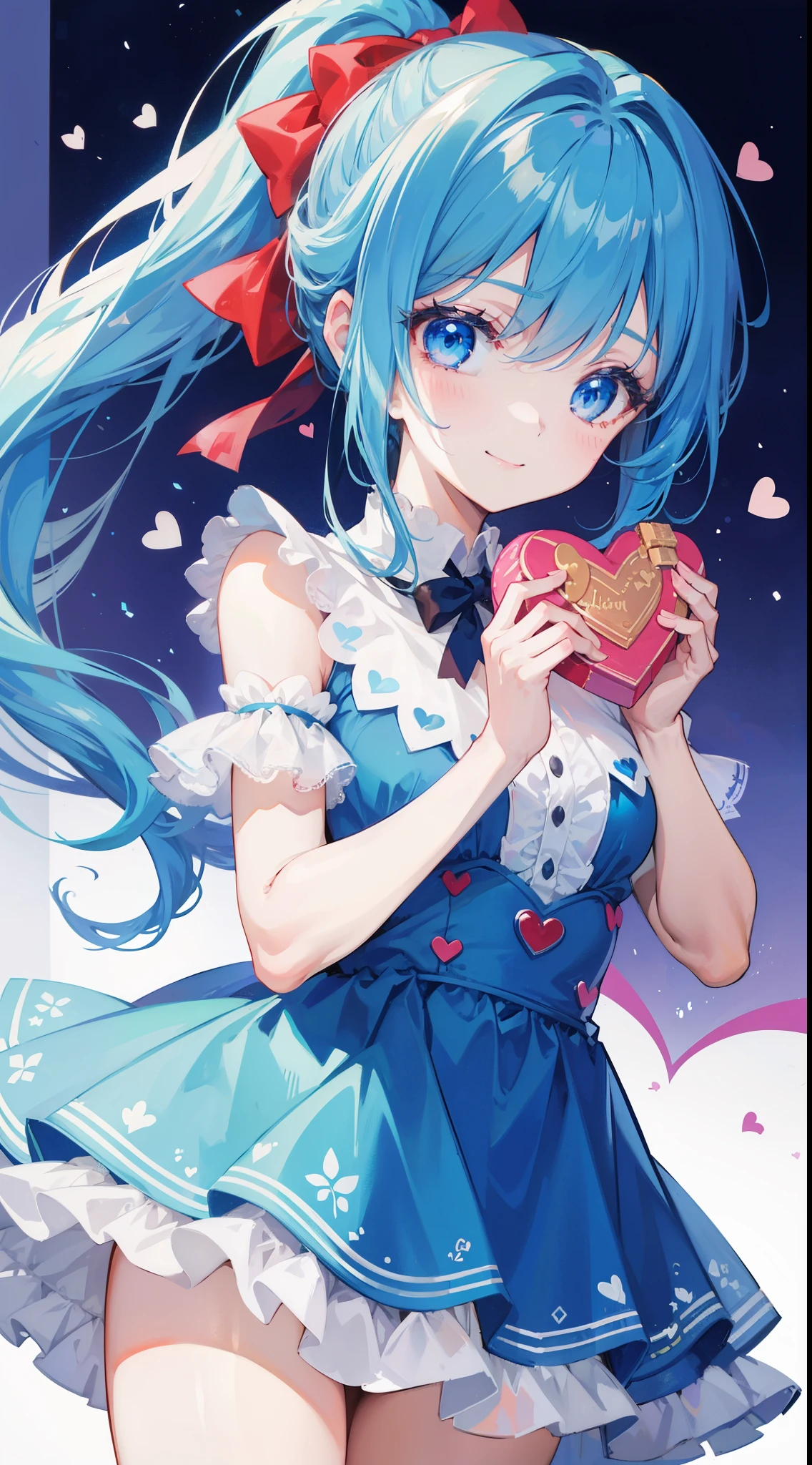 32k, heart background, beautiful girl, beautiful quality eyes, cute smile, blue cute dress, valentine, holding heart chocolate, blue hair, blue eyes, ponytail,