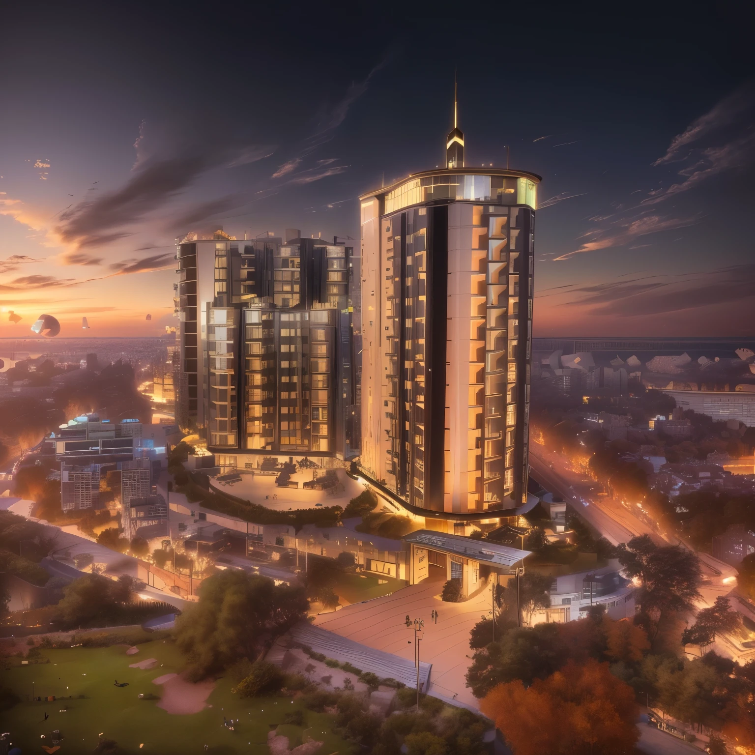 there is a tall building with a lot of windows on it, zenith view, above view, far view, panorama view, flat, full building, residential, ultra wide angle isometric view, mixed development, panorama, city view, deep image, high view, building facing, ariel view, 1614572159, landscape view, bird view
