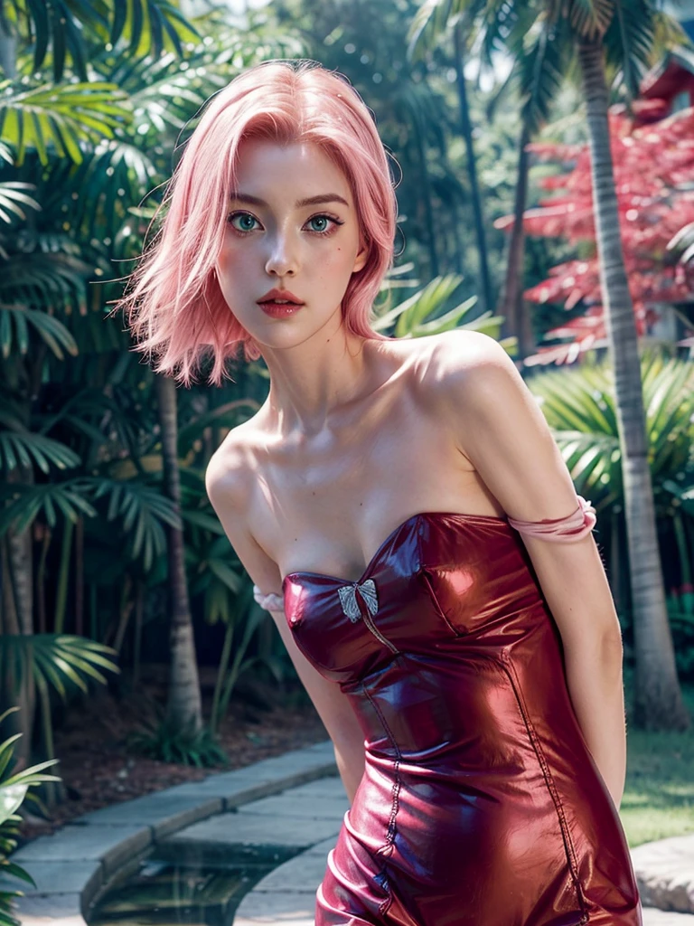 young woman, shoulder-length pink hair, wide forehead, porcelain skin, pink eyebrows, big emerald green eyes, buttoned nose, full lips, heart-shaped face, slender body, small breasts, red dress with butterfly design, Sakura Haruno, realistic, realism, details, 3d, forest