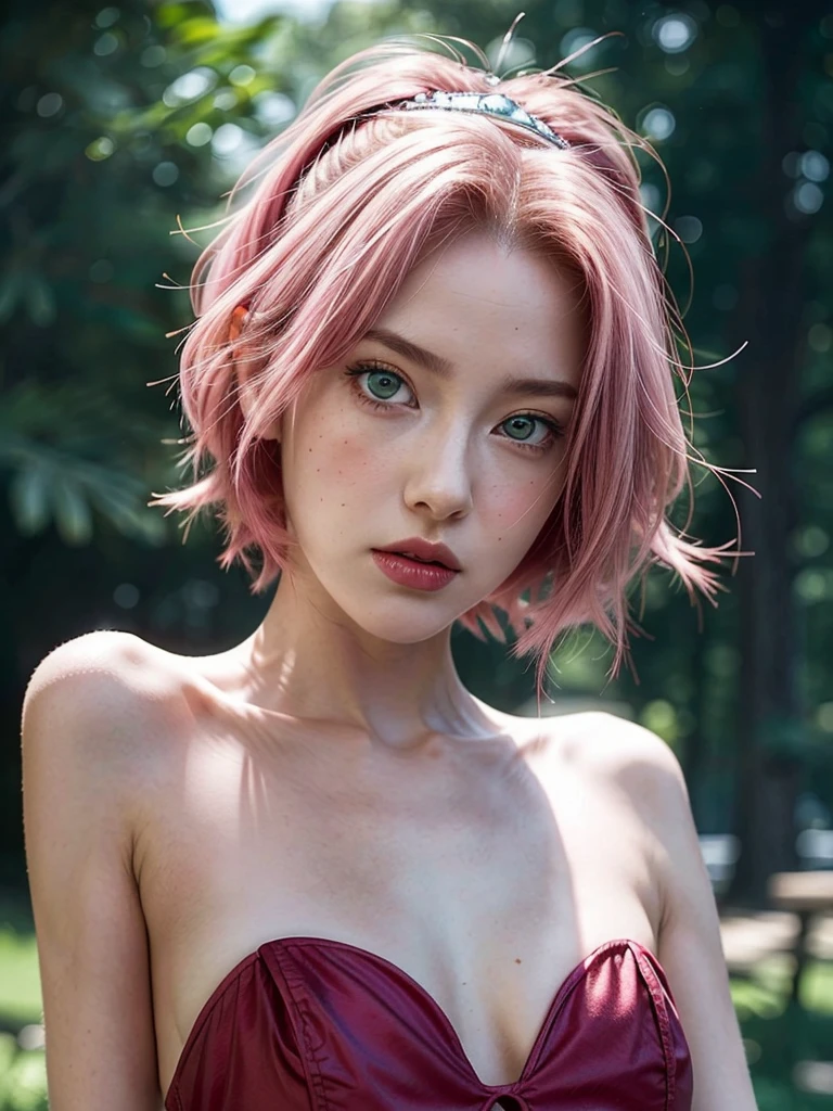 young woman, shoulder-length pink hair, wide forehead, porcelain skin, pink eyebrows, big emerald green eyes, buttoned nose, full lips, heart-shaped face, slender body, small breasts, red dress with butterfly design, Sakura Haruno, realistic, realism, details, 3d, forest