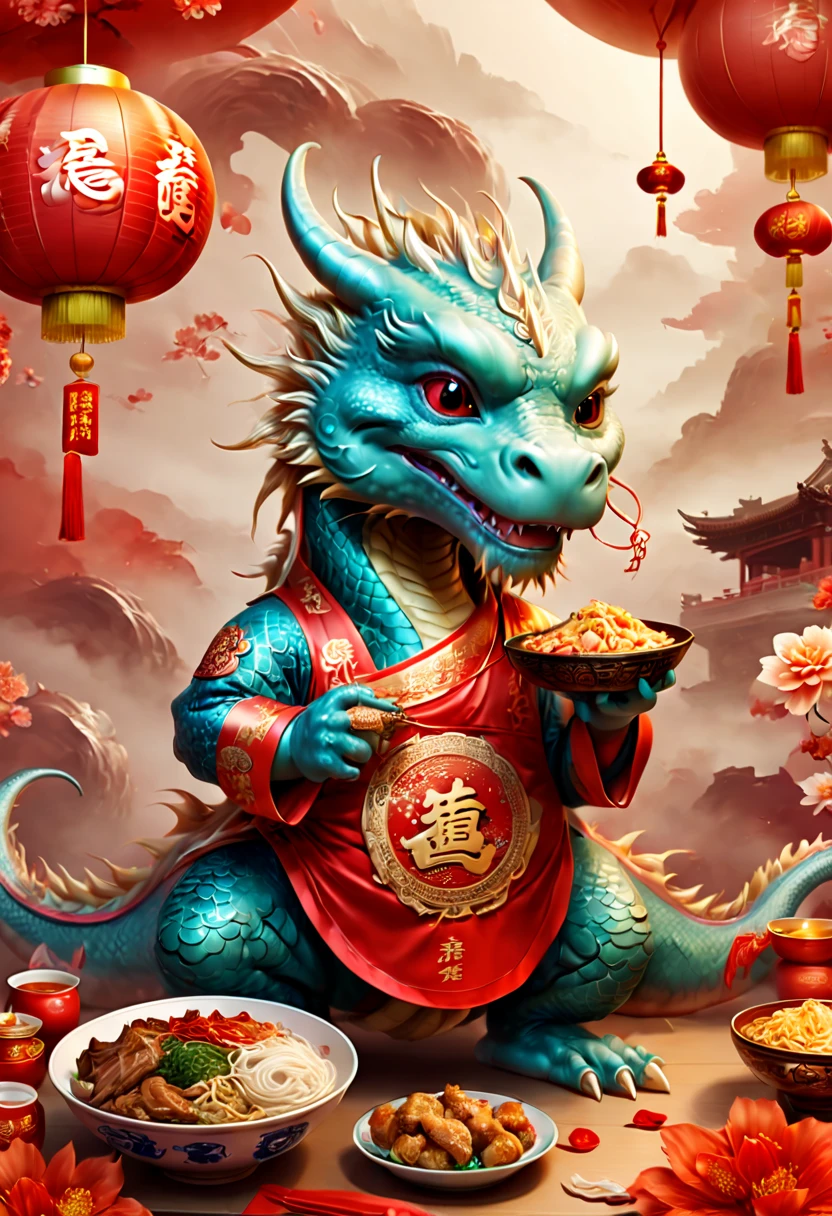 postcard, Chinese New Year 2024, dragon mascot, dress, eating Chinese food, Chinese elements festive atmosphere, (best quality, masterpiece, Representative work, official art, Professional, 8k)