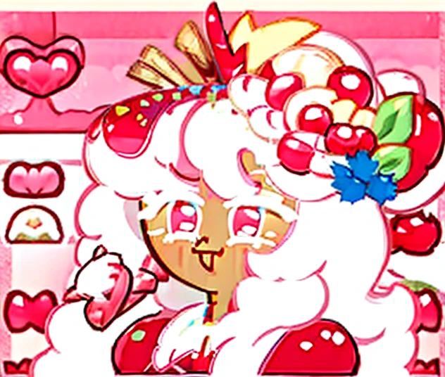 Strawberry Jam Pie Cookie, pink hair, short hair, bob cut, Large beret, horns, hair bow, red eyes, makeup, red lips, licking lips, fang, Surrealism