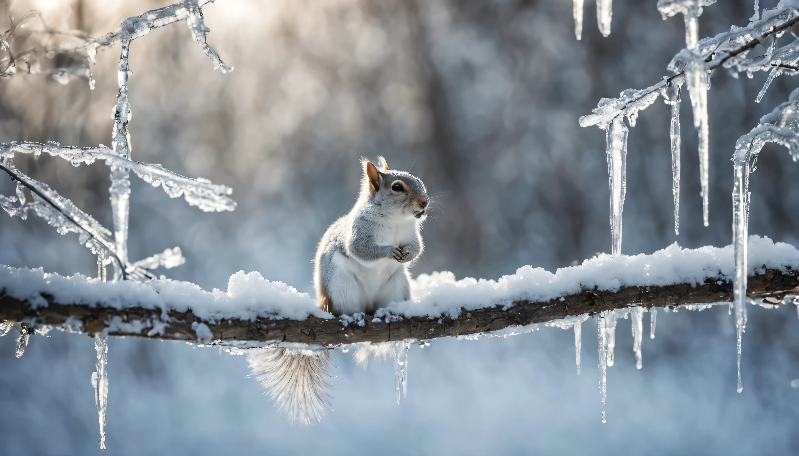 Transparent ghost squirrel in the icy forest, The forest is covered in ice, Icicles hang from the branches. Deciduous forest, ghost on a background of ice and snow, ice crystals around, Icicles hanging